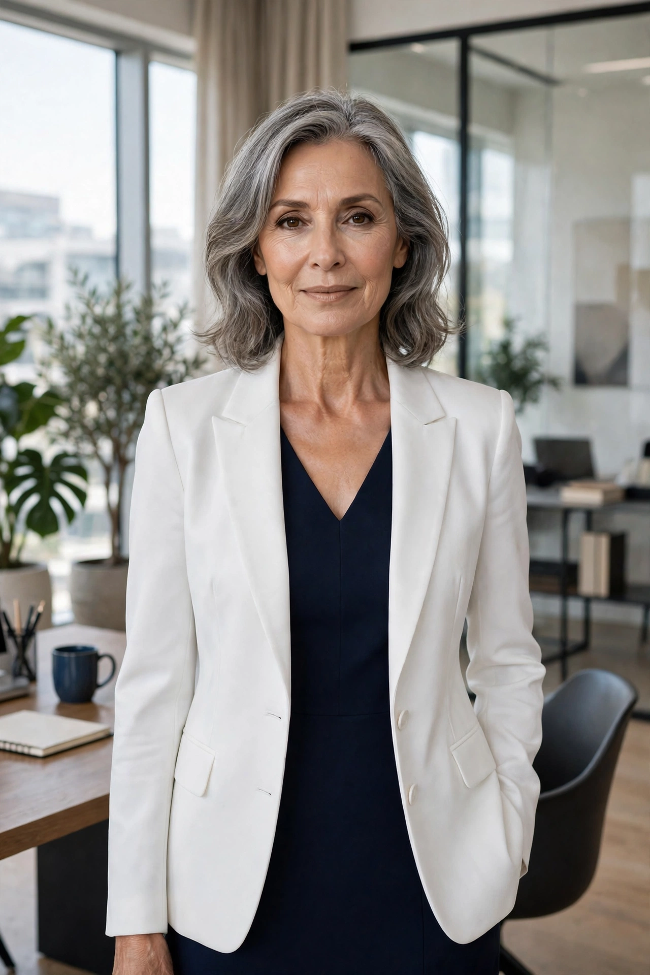 Professional woman in her 60s wearing a tailored white blazer in a bright office