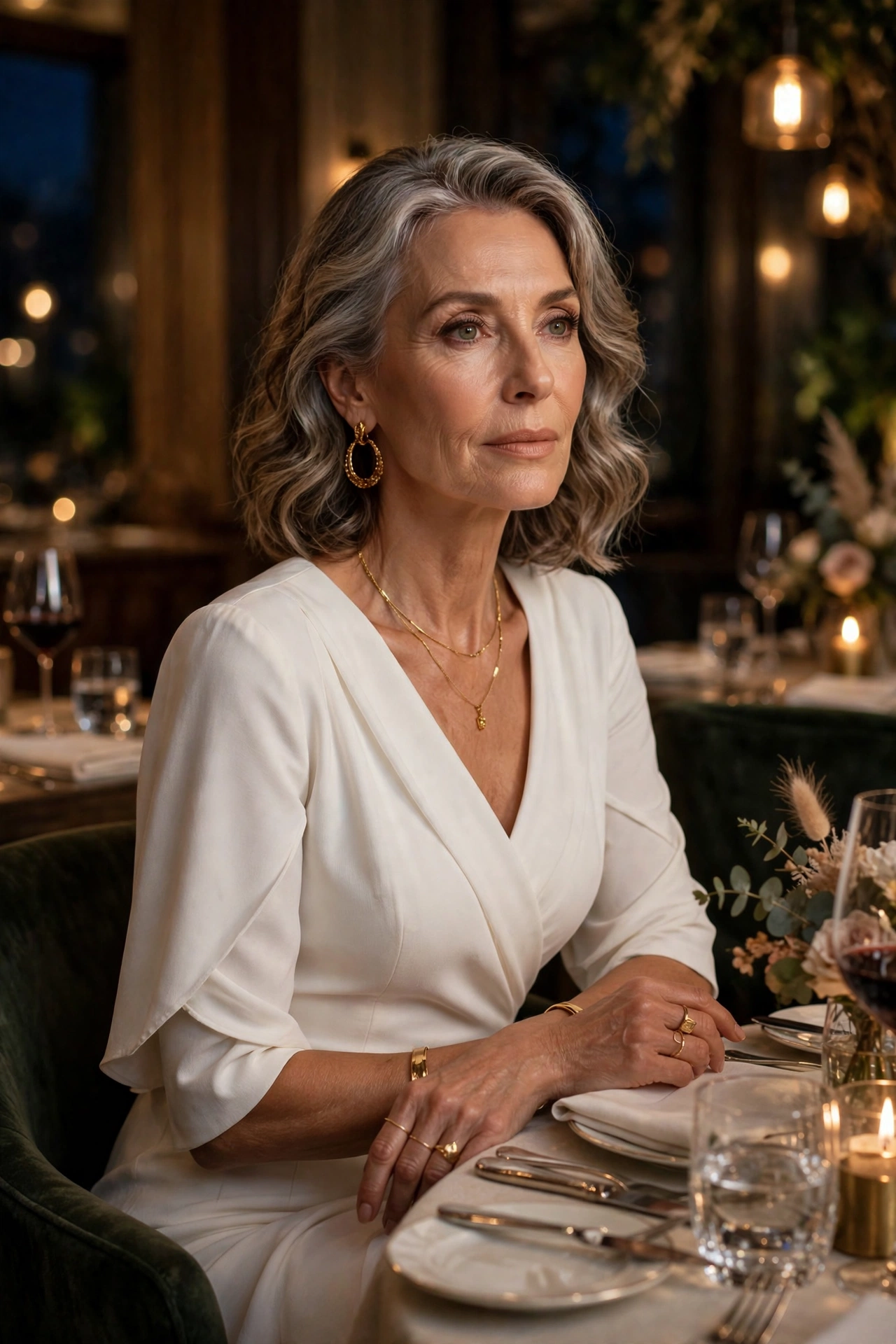 Elegant mature woman in a white crepe evening dress with gold jewelry