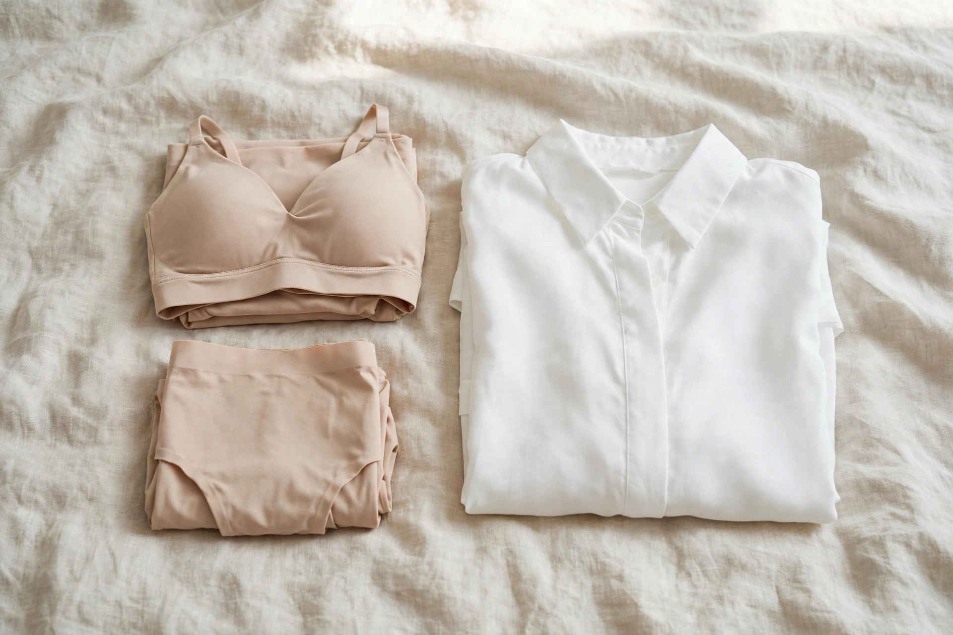 Nude seamless undergarments folded beside a crisp white blouse