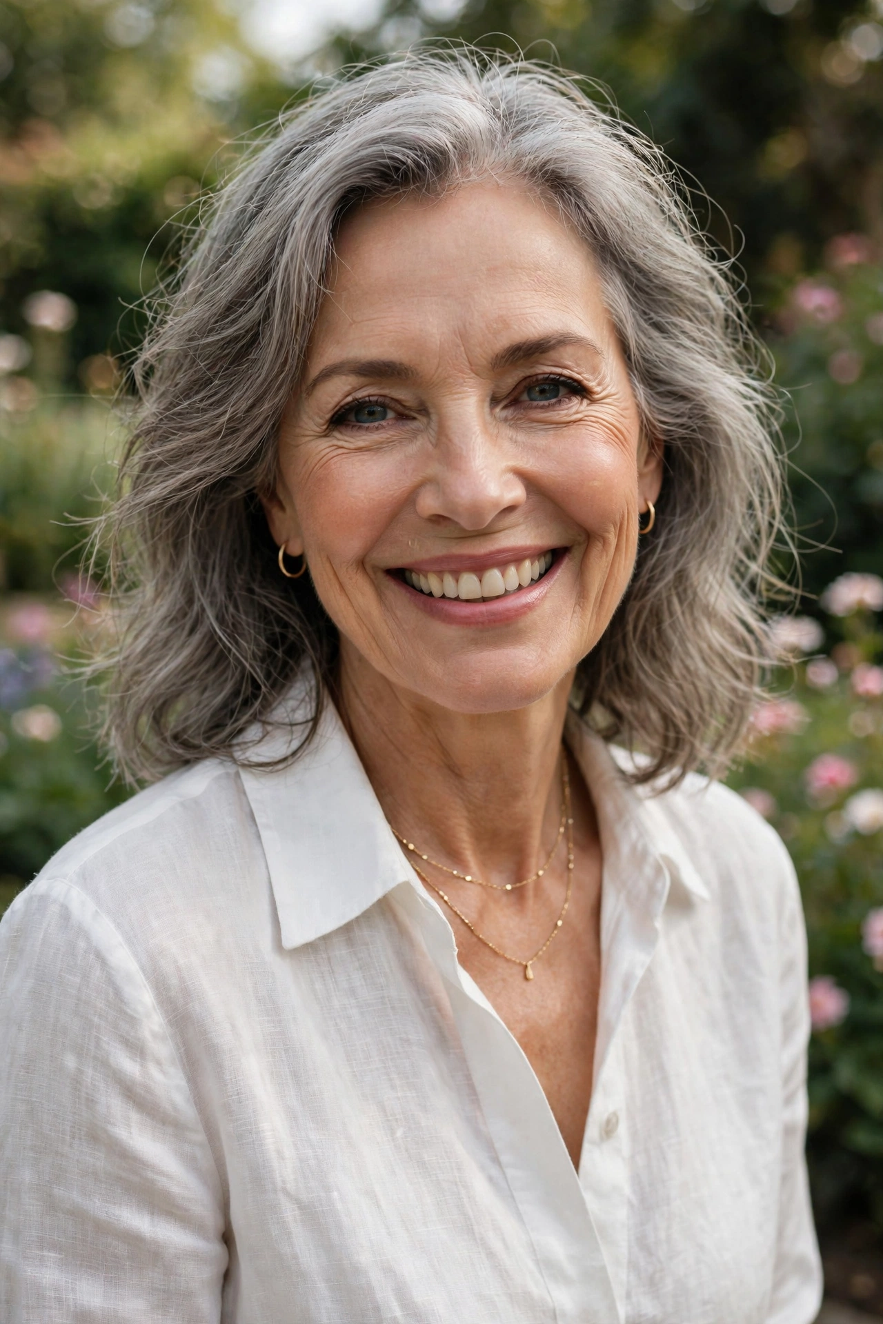 Mature woman in an all-white summer outfit with straw hat in a sunlit garden