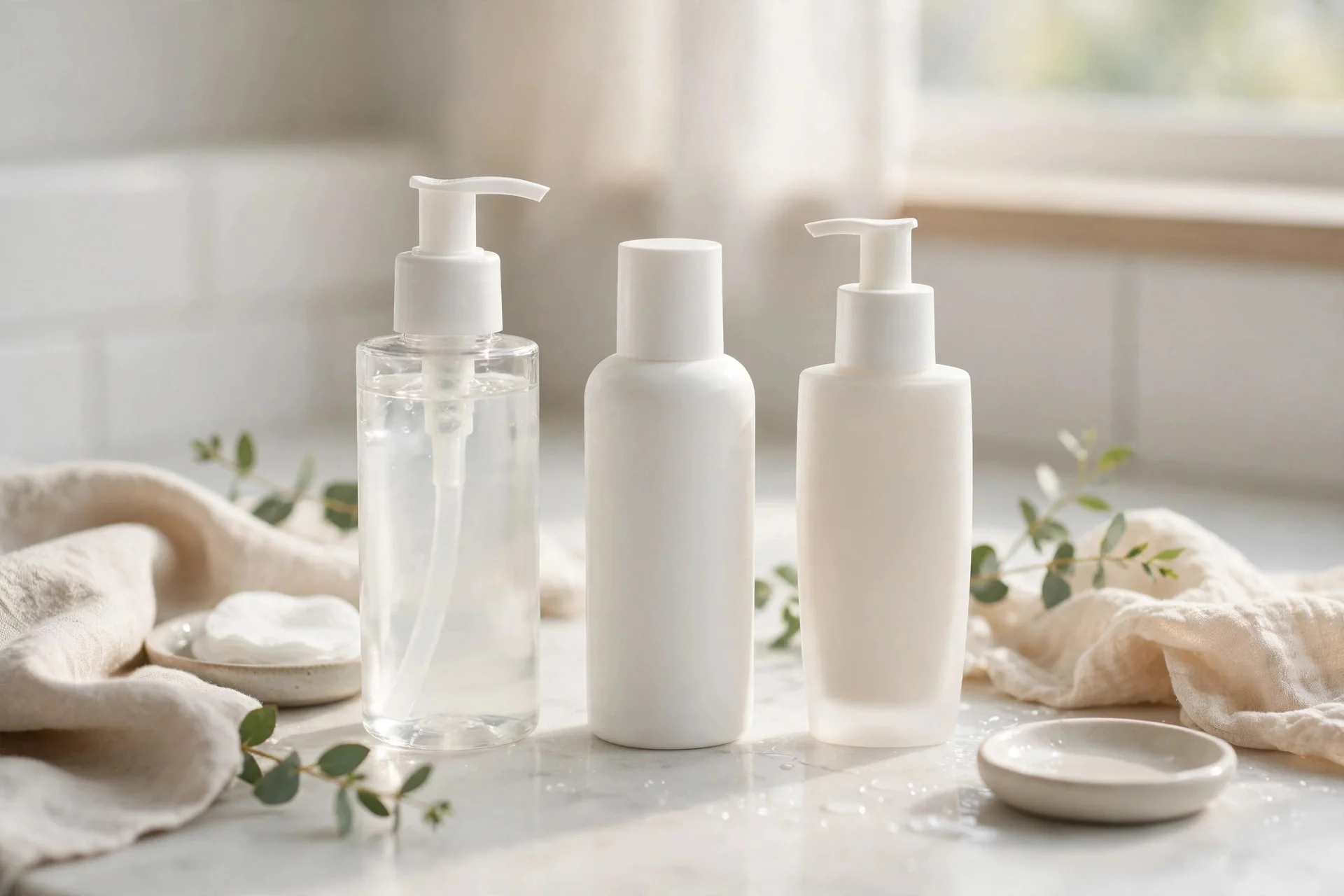 Skincare prep products arranged on a bright bathroom counter before makeup