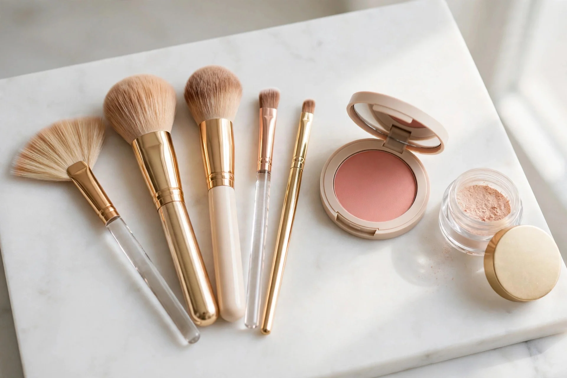 Essential makeup brushes arranged with blush and powder for beginners