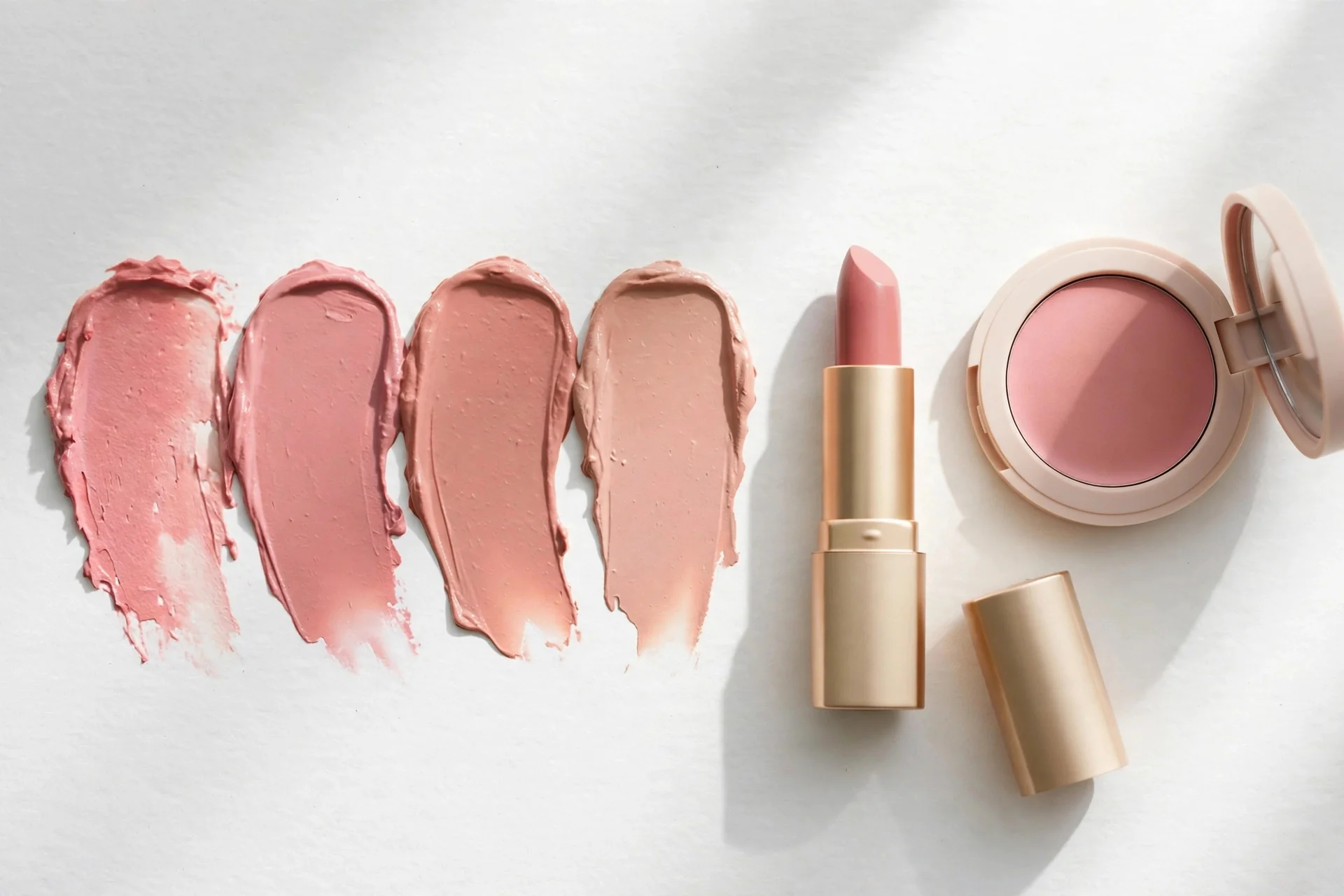 Lipstick and cream blush swatches in pink and nude tones with products