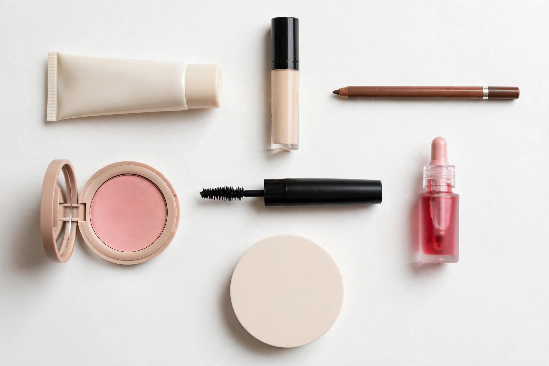 Flat lay of the only 7 makeup products a beginner actually needs