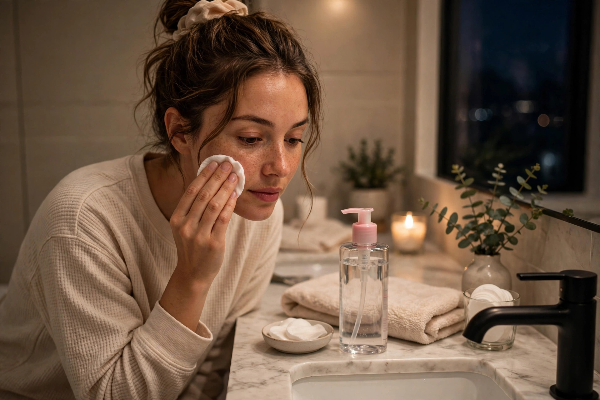 Gently removing makeup with micellar water, a habit that avoids beginner mistakes