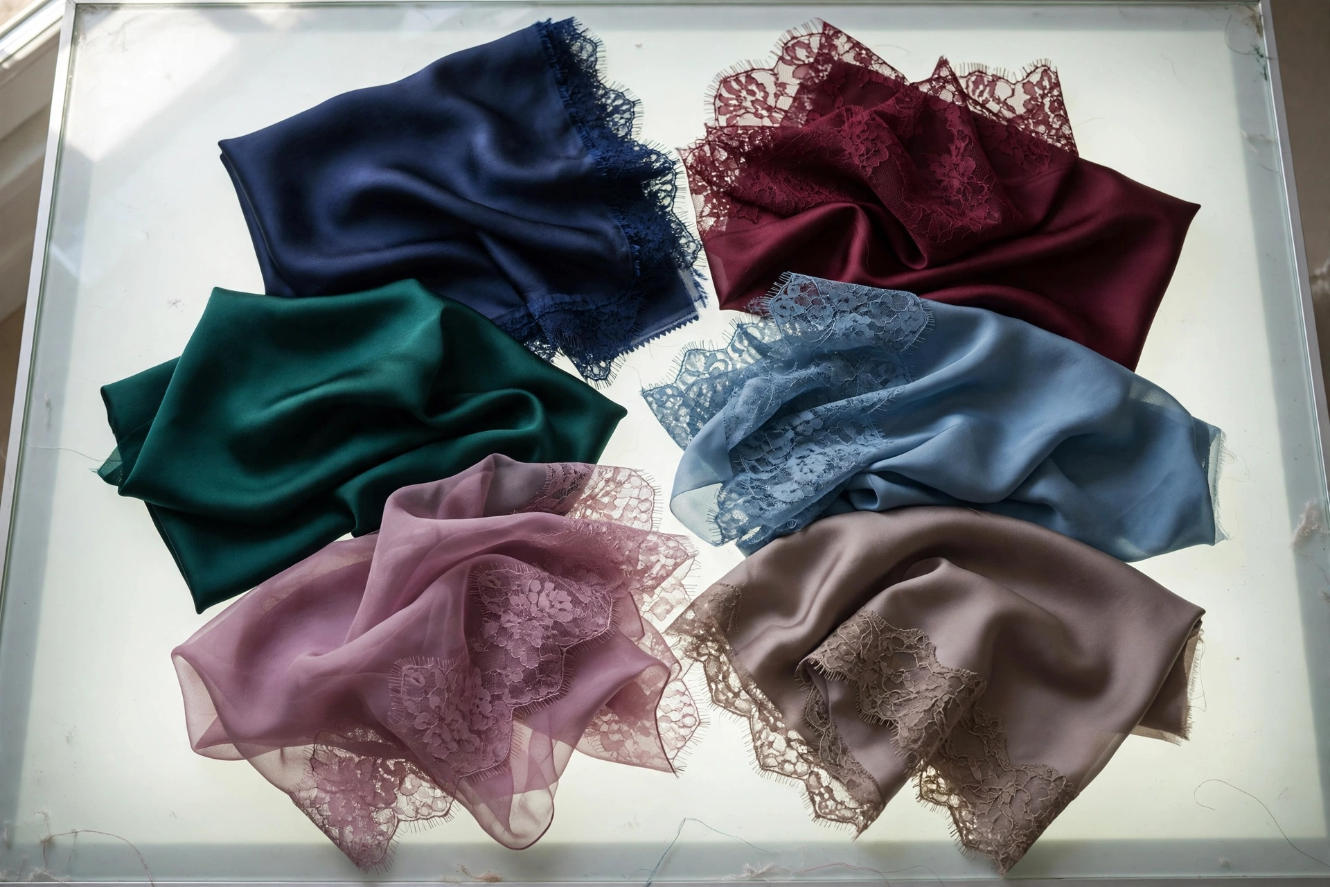 Fabric swatches in flattering mother-of-the-bride colors: navy, burgundy, emerald and mauve