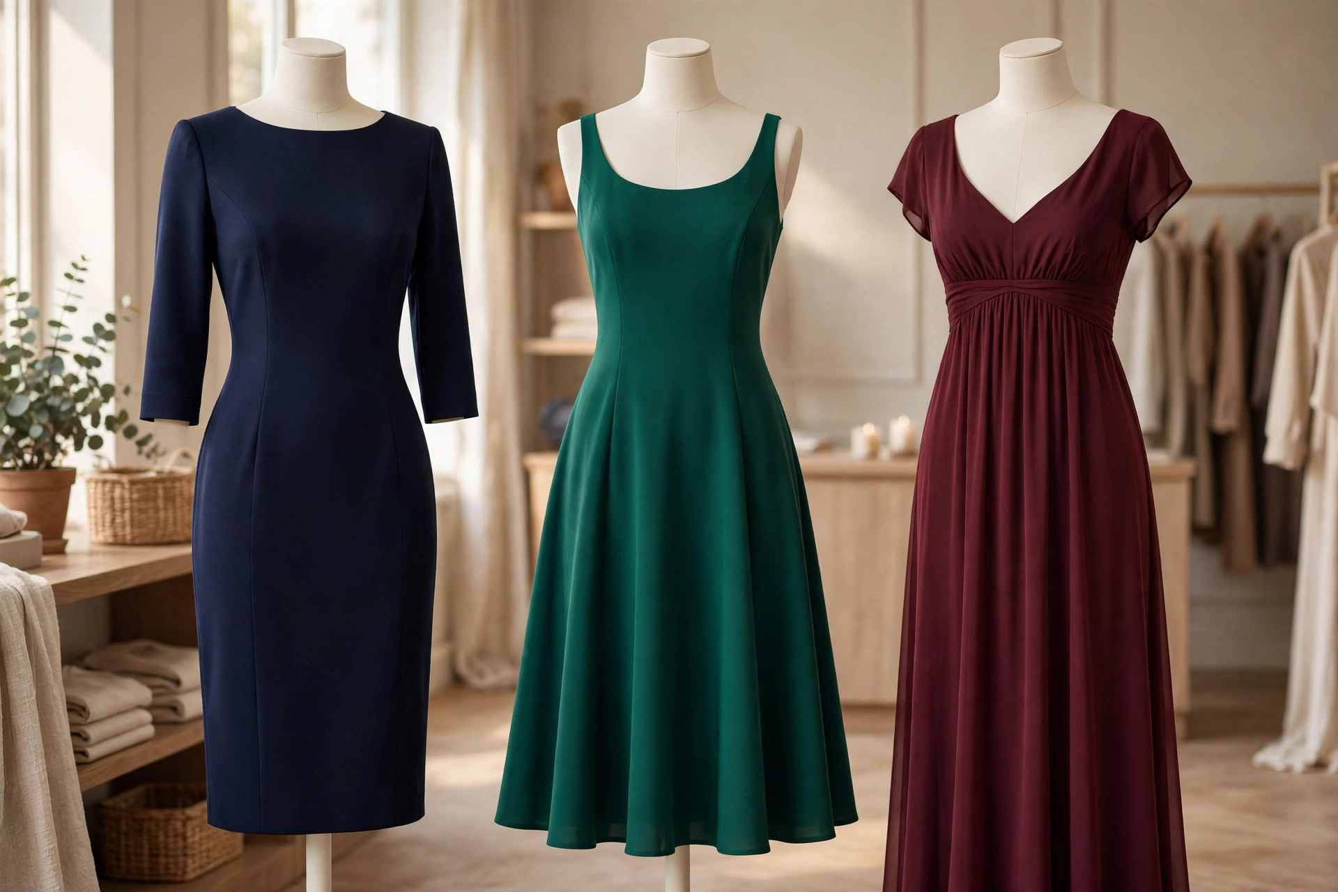 Flattering mother-of-the-bride dress silhouettes on mannequins: sheath, A-line and empire waist
