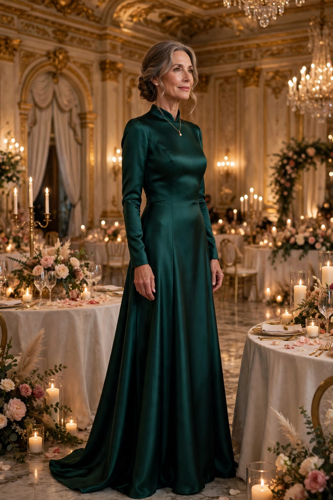 Woman over 50 in an emerald evening gown at a formal wedding ballroom