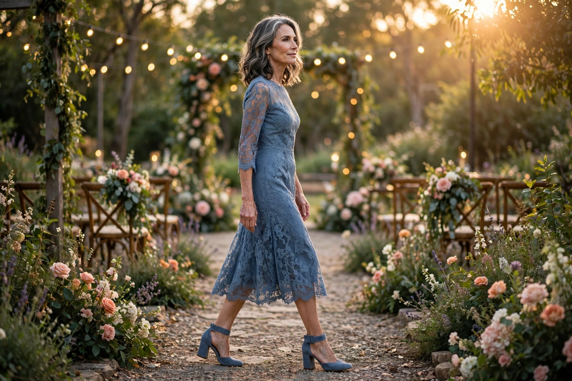 Mother of the bride in a dusty blue lace dress at a garden wedding