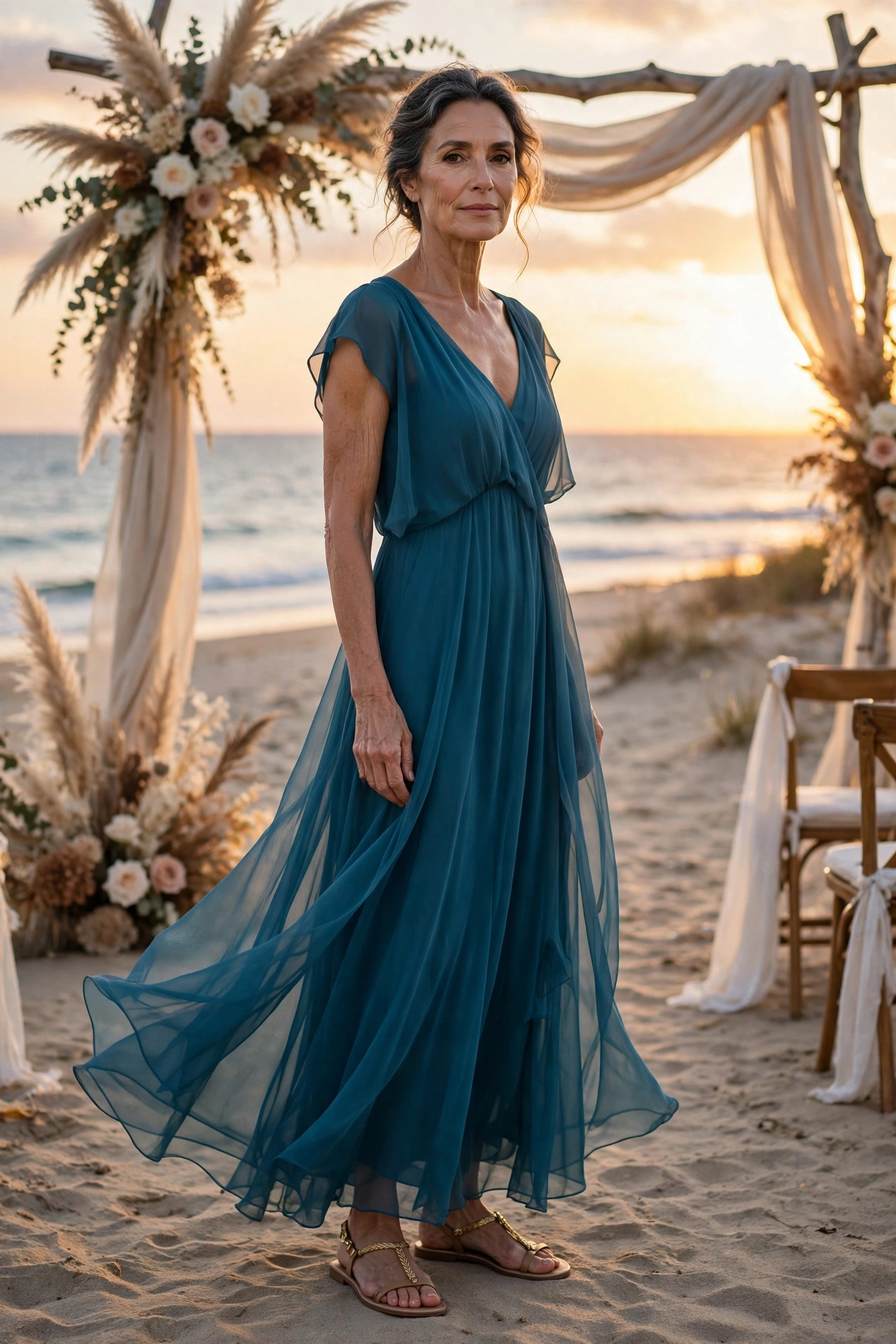 Elegant mature woman in a flowing teal maxi dress at a beach wedding