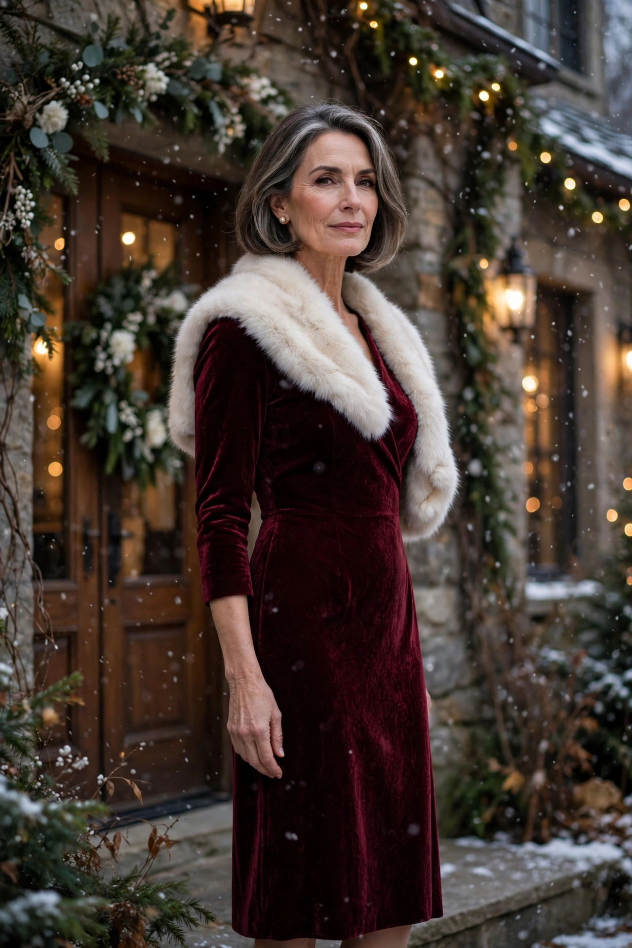 Woman over 50 in a burgundy velvet dress with a stole at a winter wedding