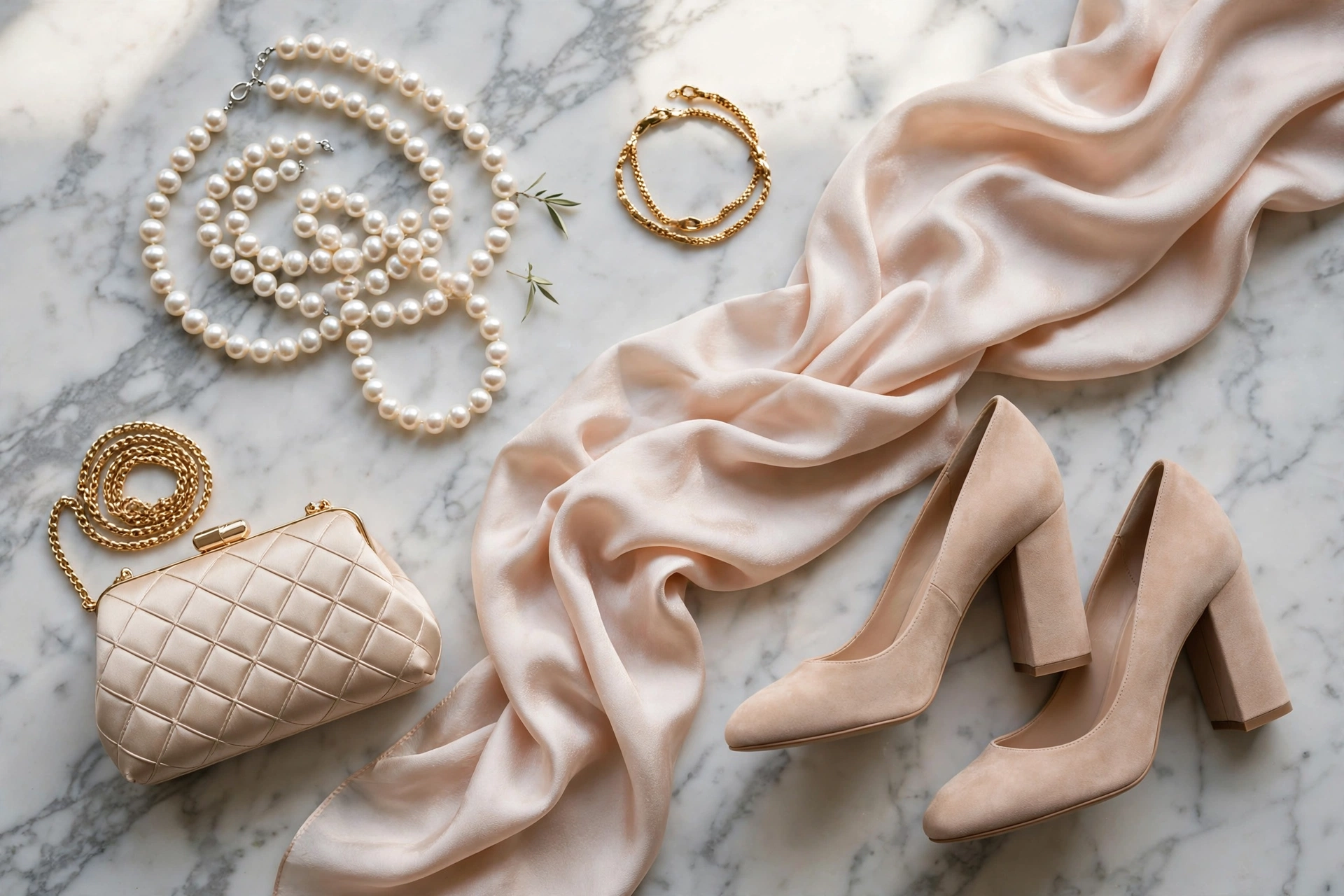 Elegant wedding accessories: pearls, nude heels, clutch and silk wrap