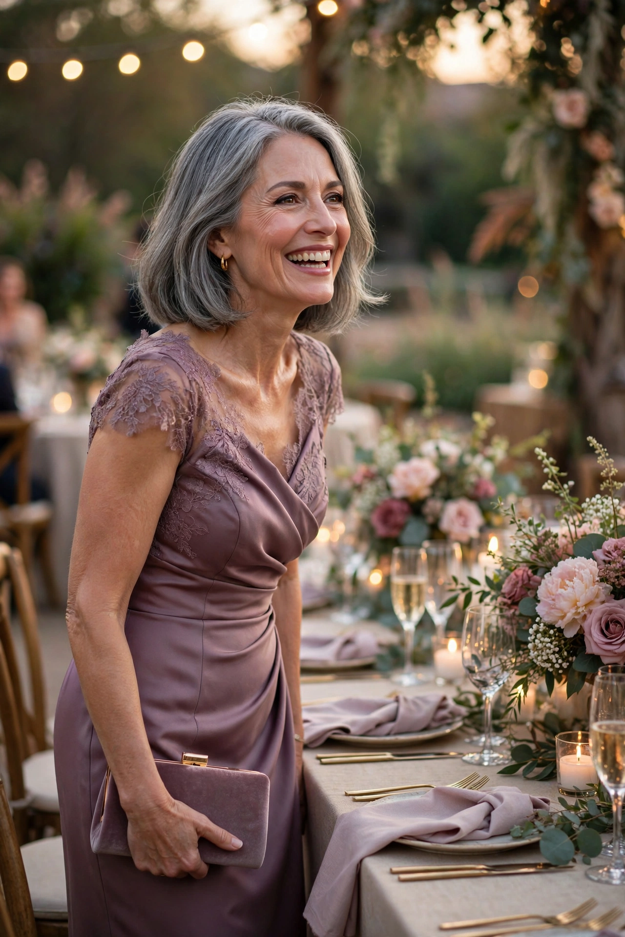 Happy mother of the bride in a mauve cocktail dress at the wedding reception
