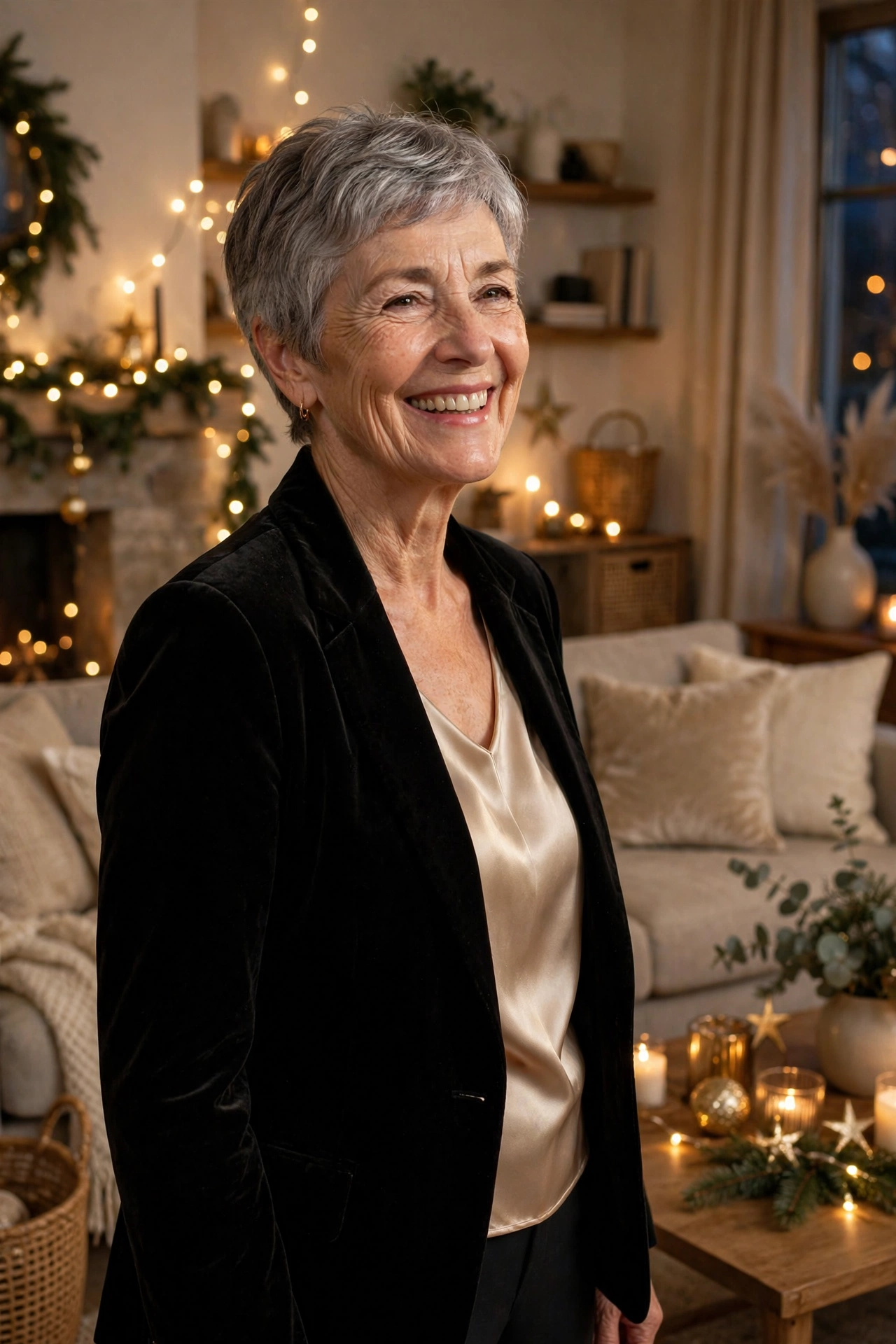 Confident woman in her 60s in a black velvet blazer and champagne top at a New Year's Eve gathering