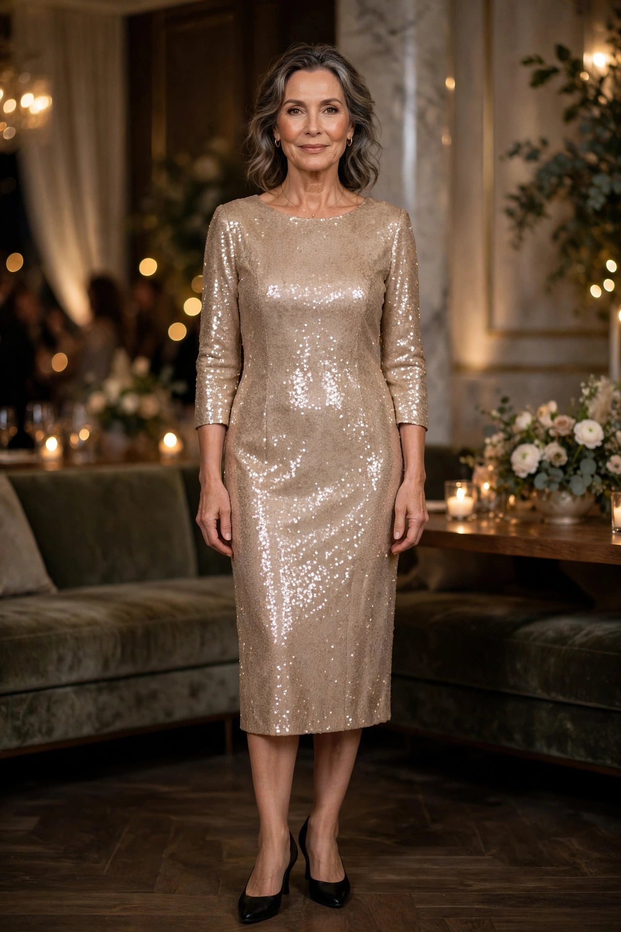 Elegant woman over 50 in a champagne sequin sheath dress at an upscale party venue