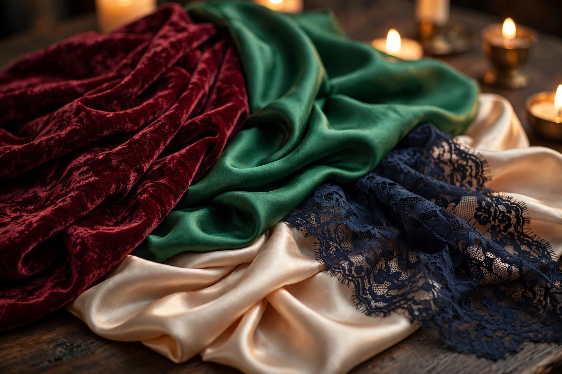 Luxurious evening fabrics: burgundy velvet, emerald silk, champagne satin and navy lace