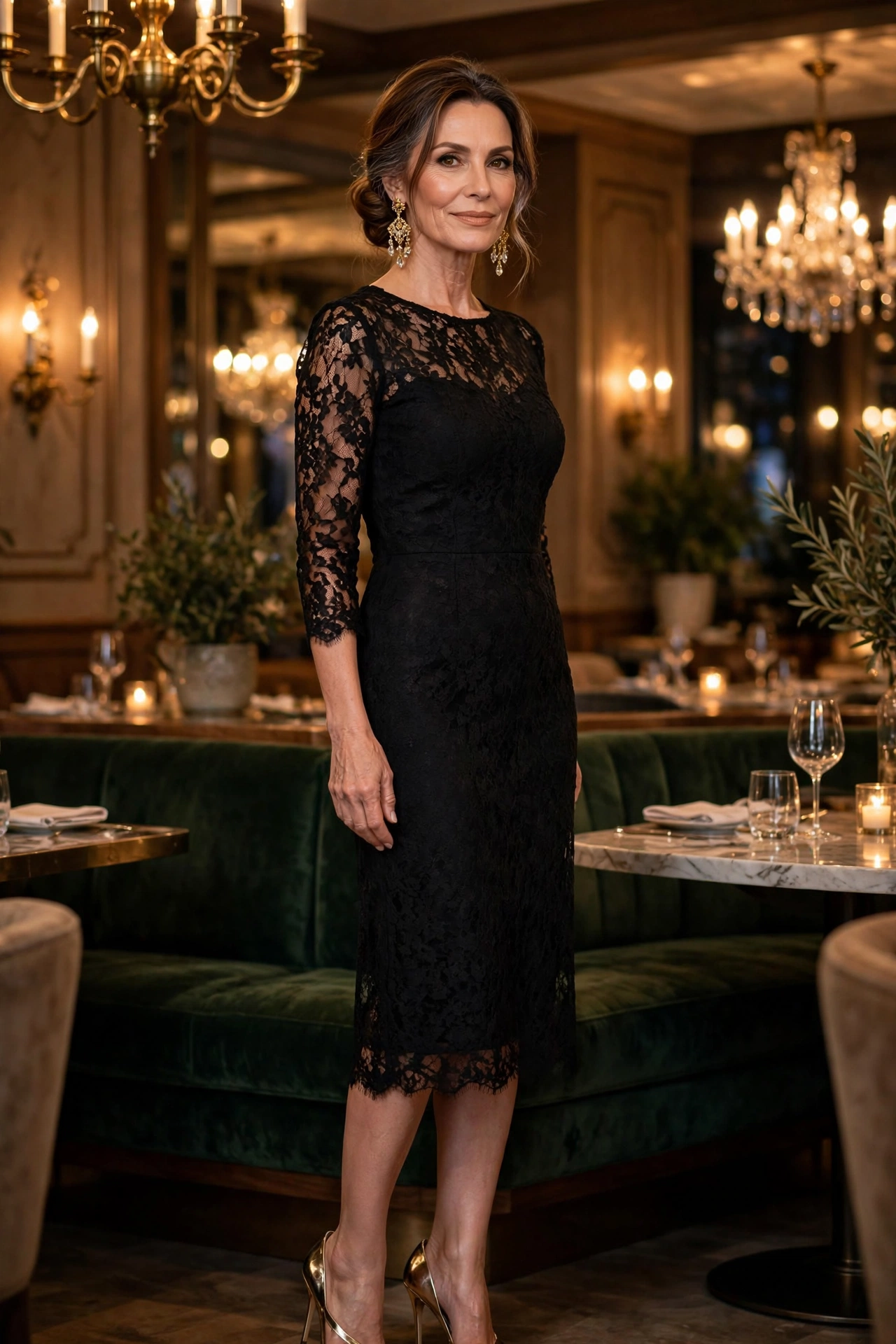 Woman over 50 in a black lace cocktail dress with gold earrings at an upscale restaurant