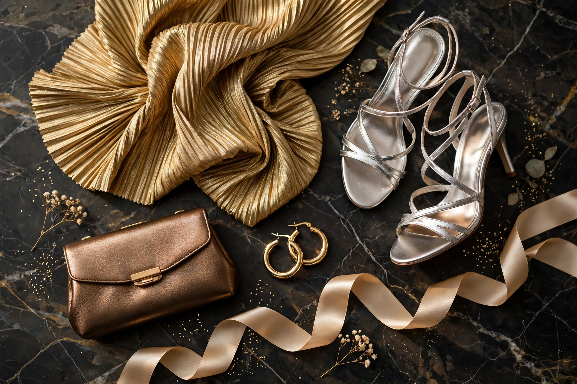 New Year's Eve metallic accessories flat lay: gold fabric, silver heels, bronze clutch