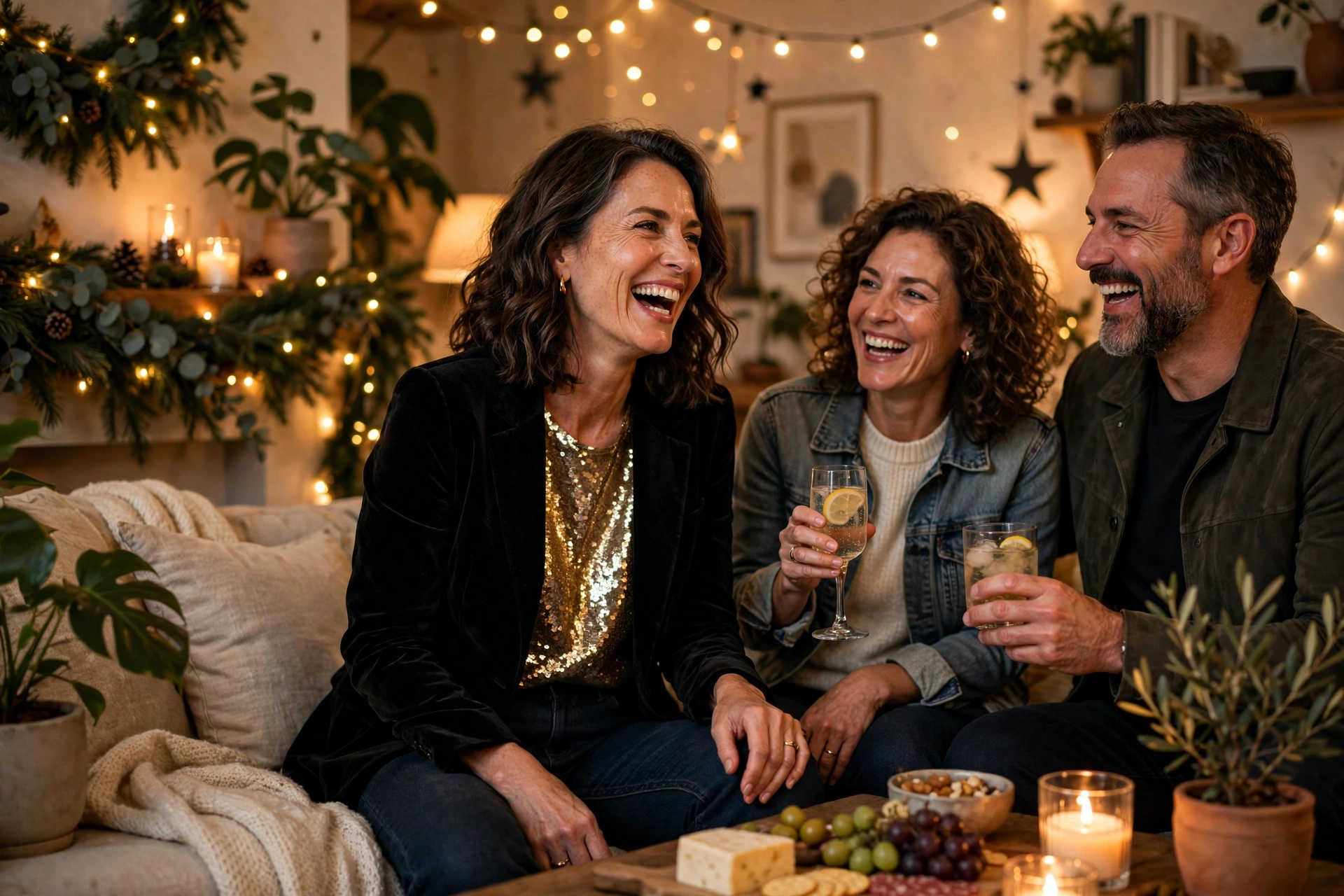Woman over 50 in a gold sequin top and velvet blazer laughing at a New Year's Eve house party