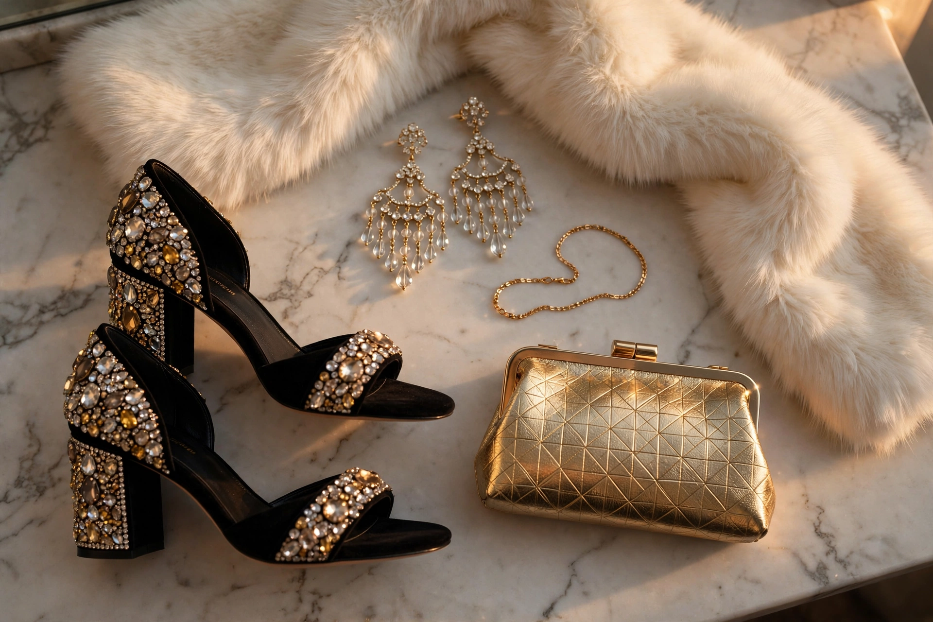 New Year's Eve party accessories: jeweled heels, gold clutch, chandelier earrings and fur stole