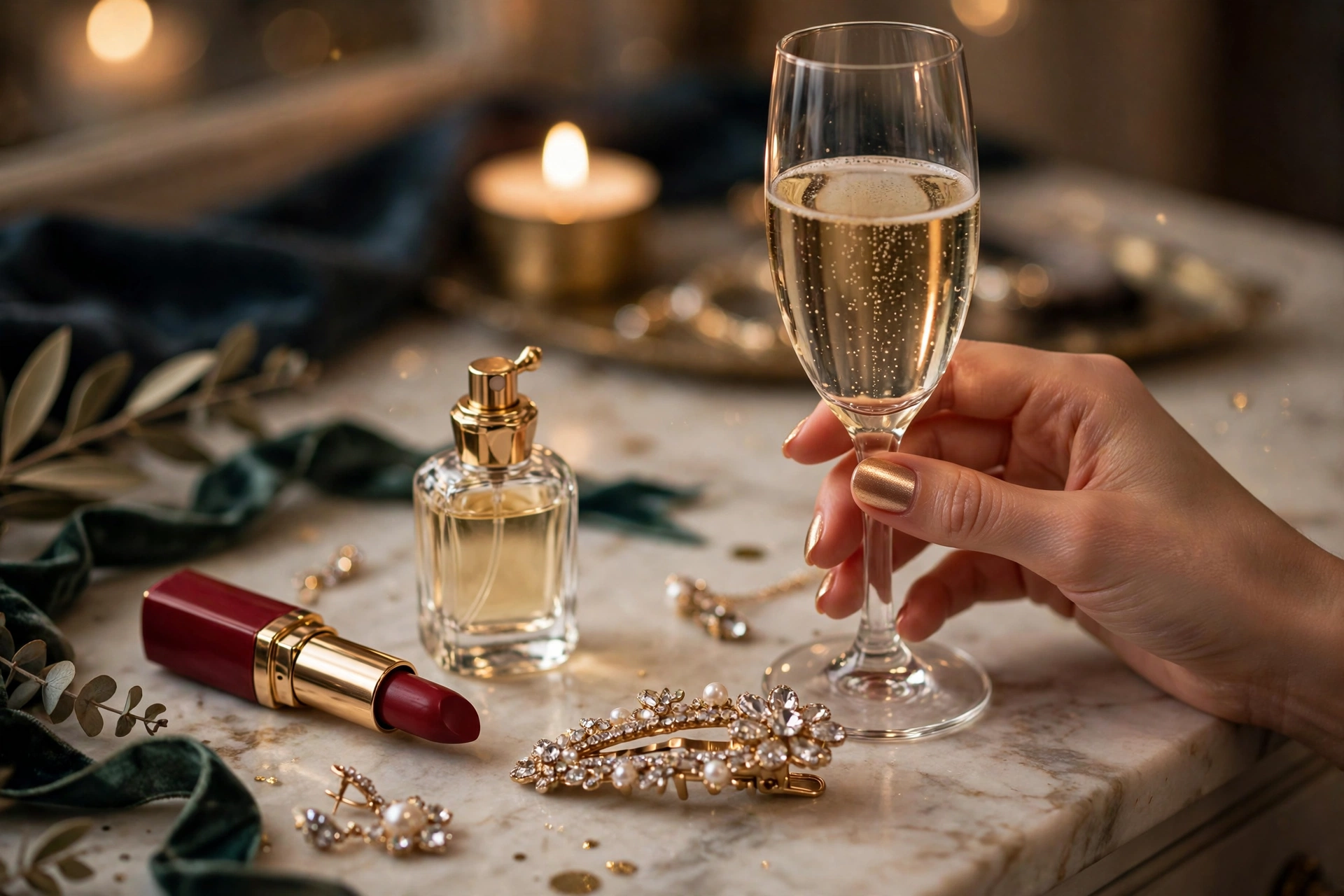 New Year's Eve beauty details: red lipstick, perfume, gold nails and champagne on a vanity