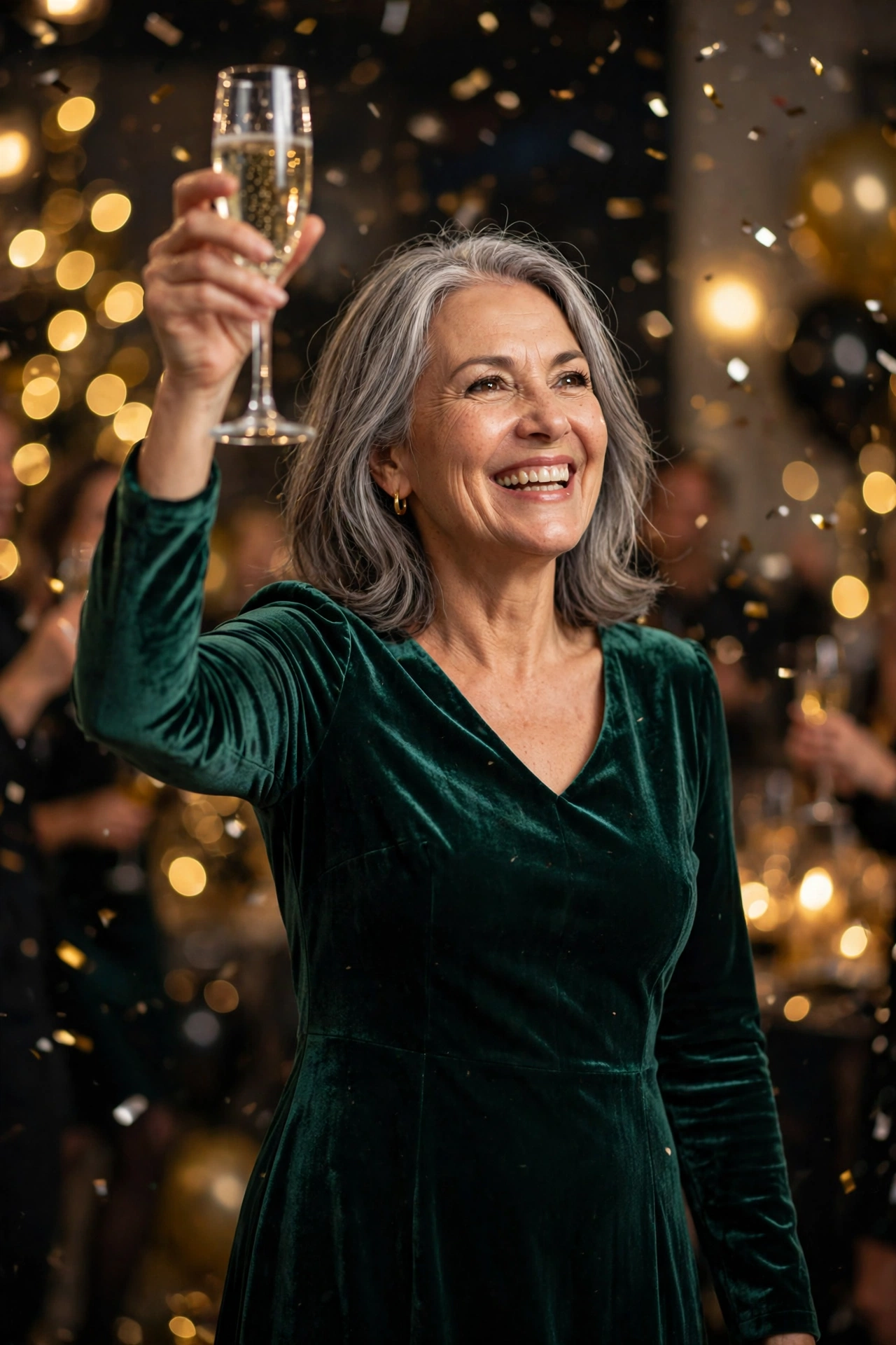 Happy woman over 50 in an emerald velvet dress raising a champagne toast at a New Year's Eve party