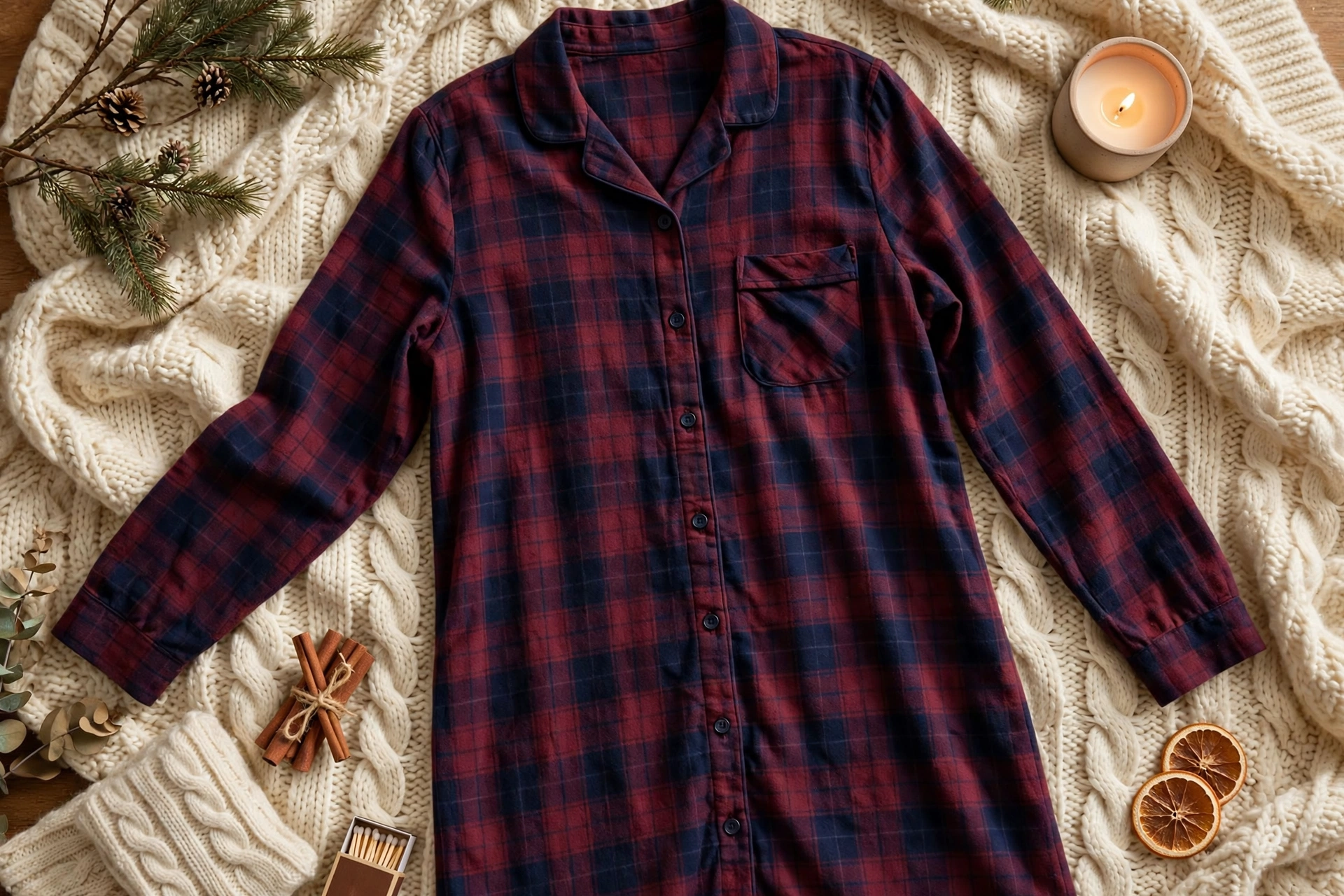 Burgundy and navy plaid flannel long-sleeve nightgown — warm winter nightdress for women over 50