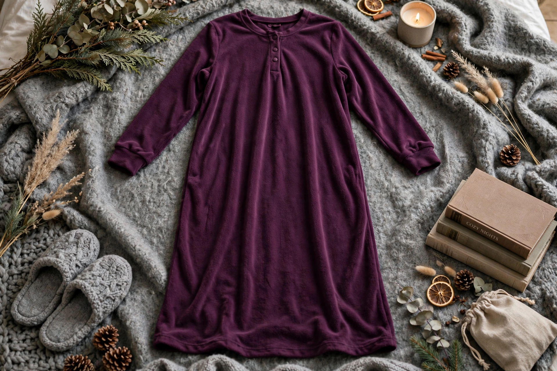 Deep plum microfleece long-sleeve nightgown — warm winter nightgown for women over 50