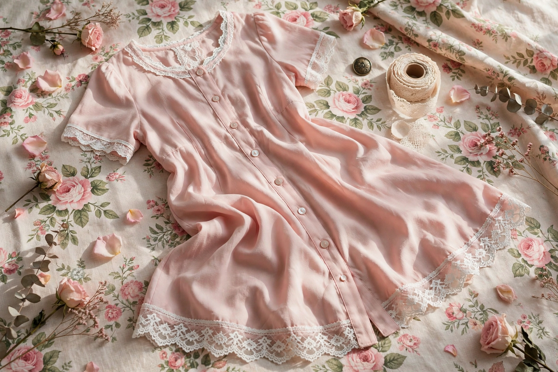 Blush pink nightdress with delicate white lace trim — pretty feminine nightdress for women over 50