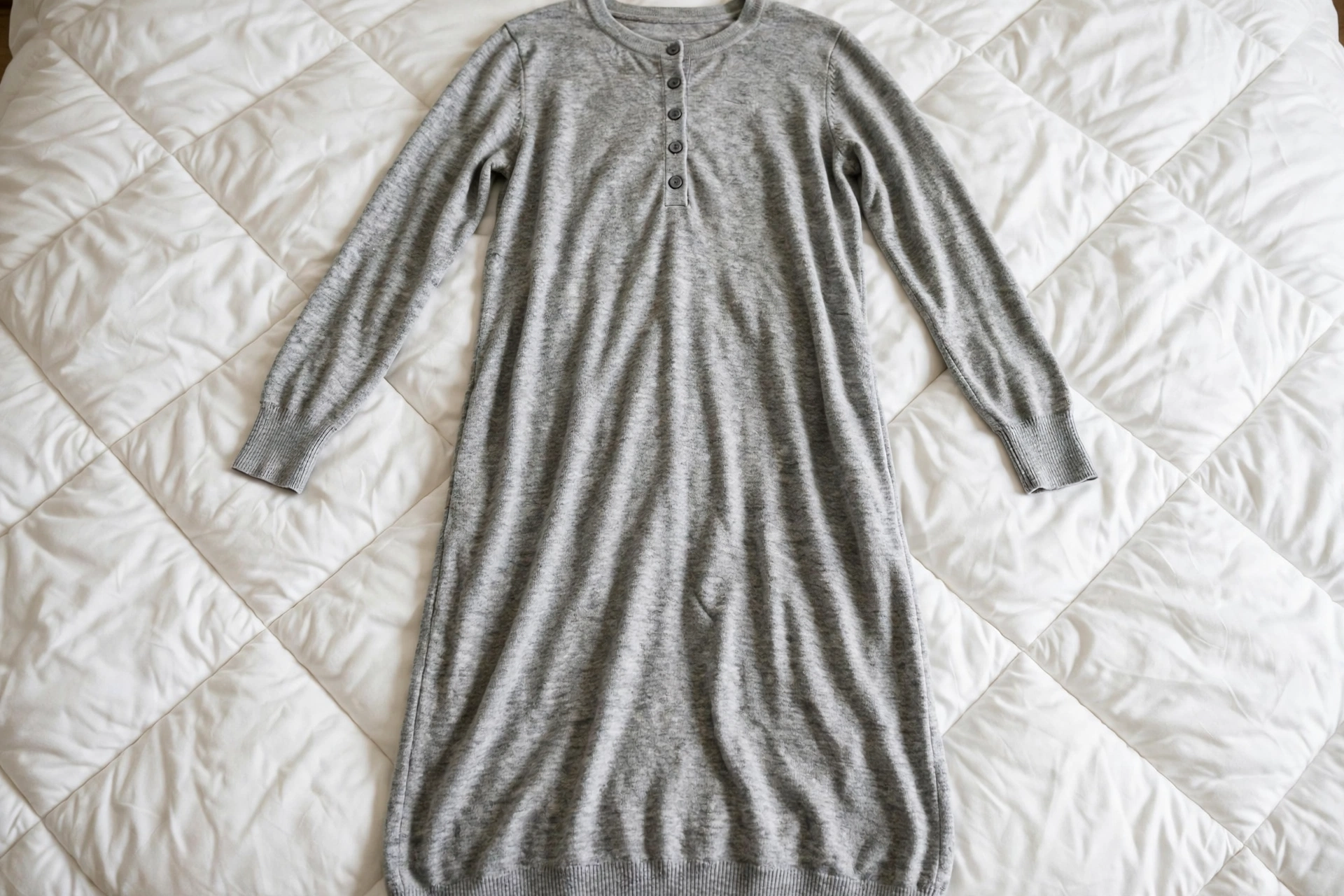 Heather grey long-sleeve henley knit nightdress with buttons — cozy nightdress for cool sleepers over 50