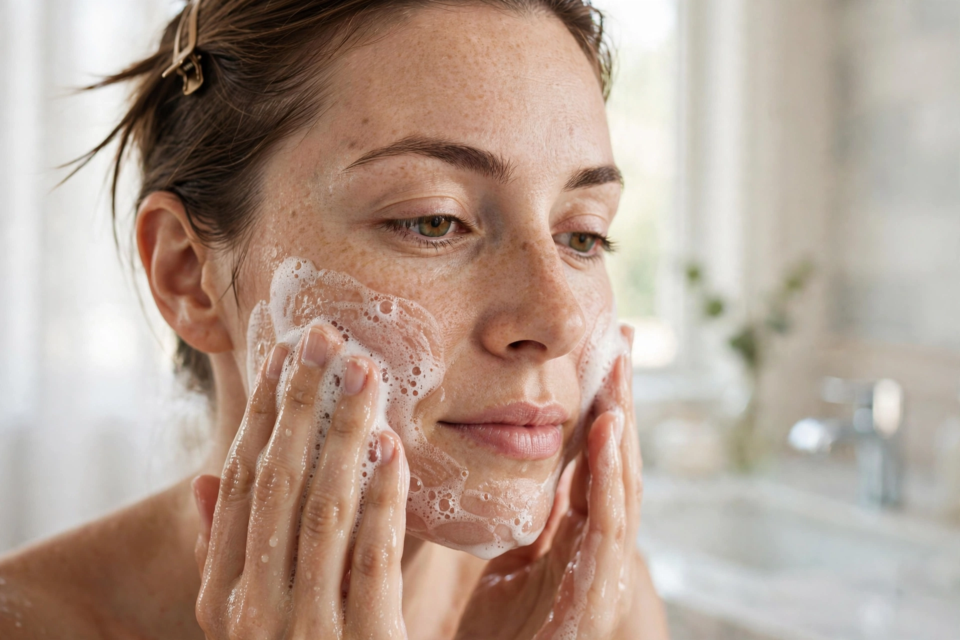 Woman washing her face with gentle gel cleanser, the first step of an oily skin care routine