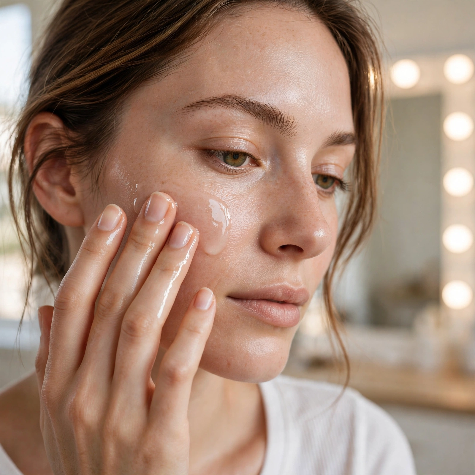 Woman applying lightweight niacinamide serum to her cheek with fingertips