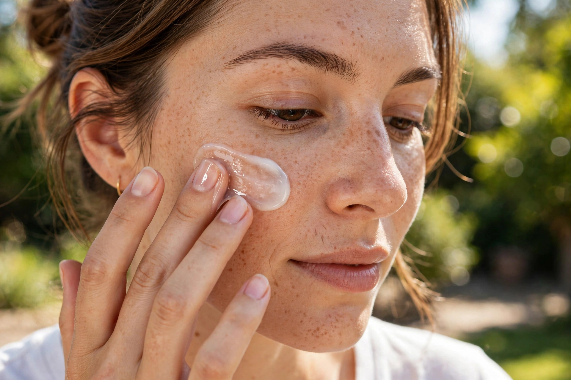 Woman gently blotting her T-zone with blotting paper for a midday oily skin touch-up