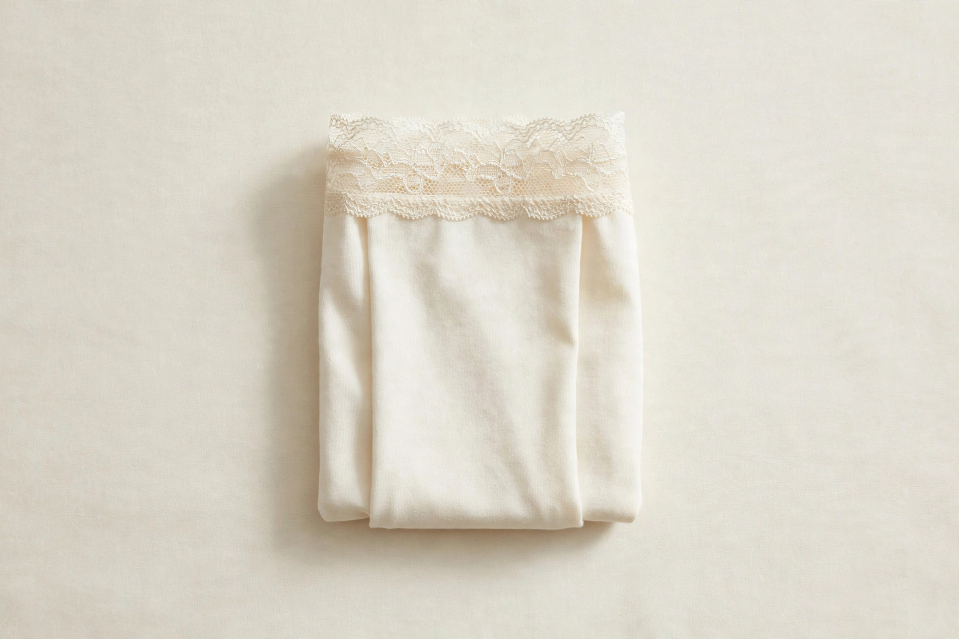 Folded ivory women's briefs with a delicate lace trim waistband