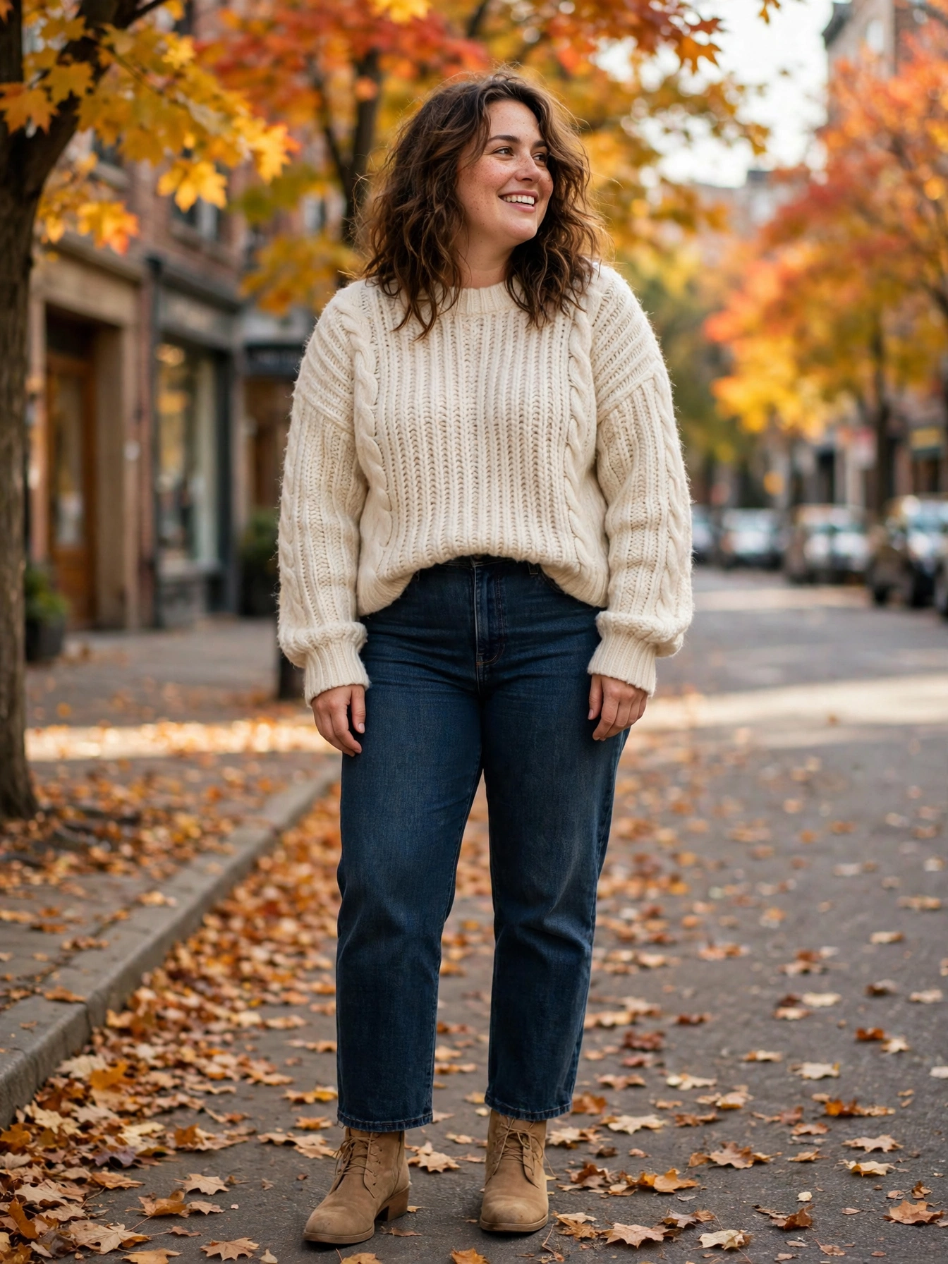 Plus-size woman in a chunky cream knit sweater with dark straight-leg jeans and tan ankle boots on an autumn street