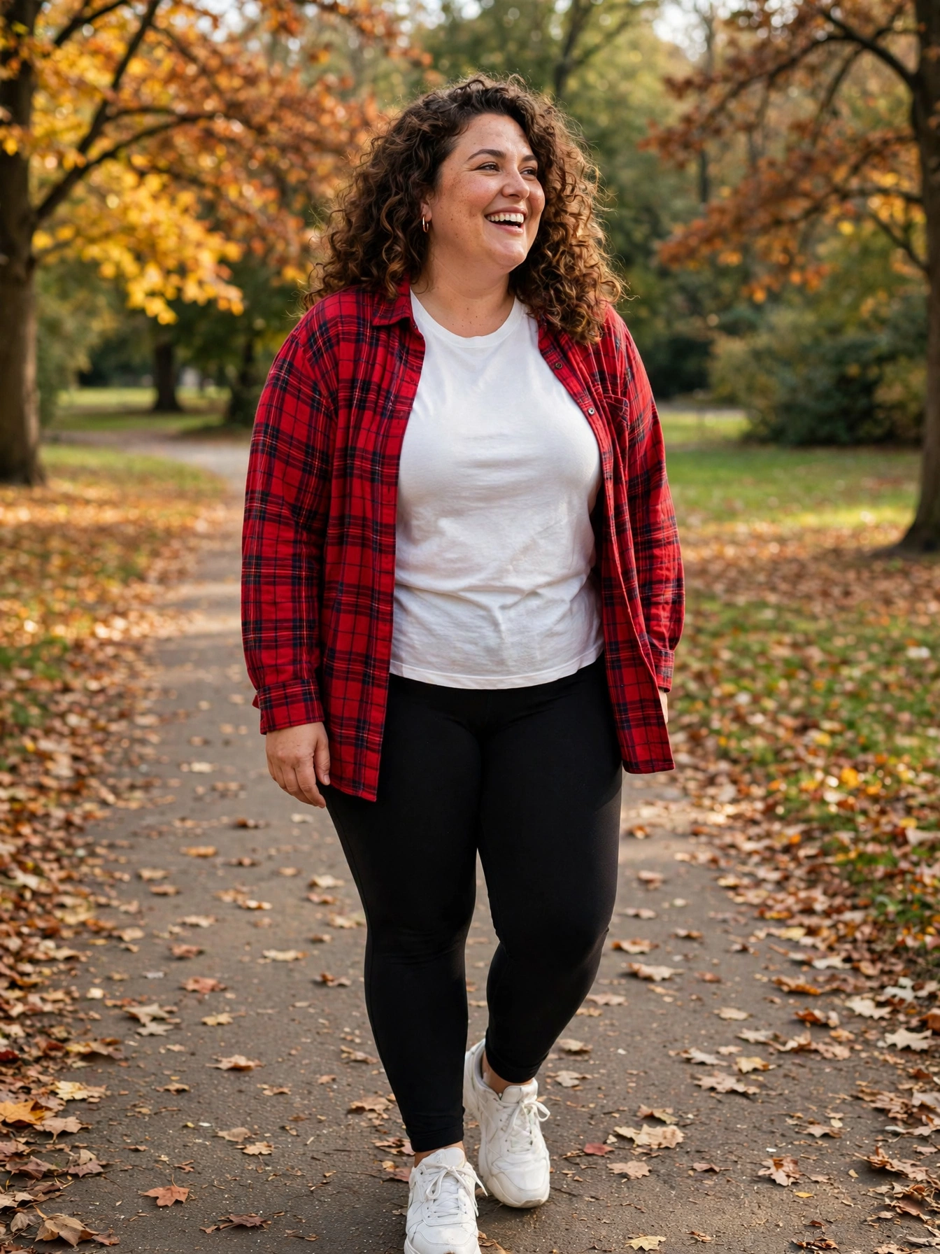 Plus-size woman wearing a red plaid shacket over a white tee with black leggings and white sneakers in a park