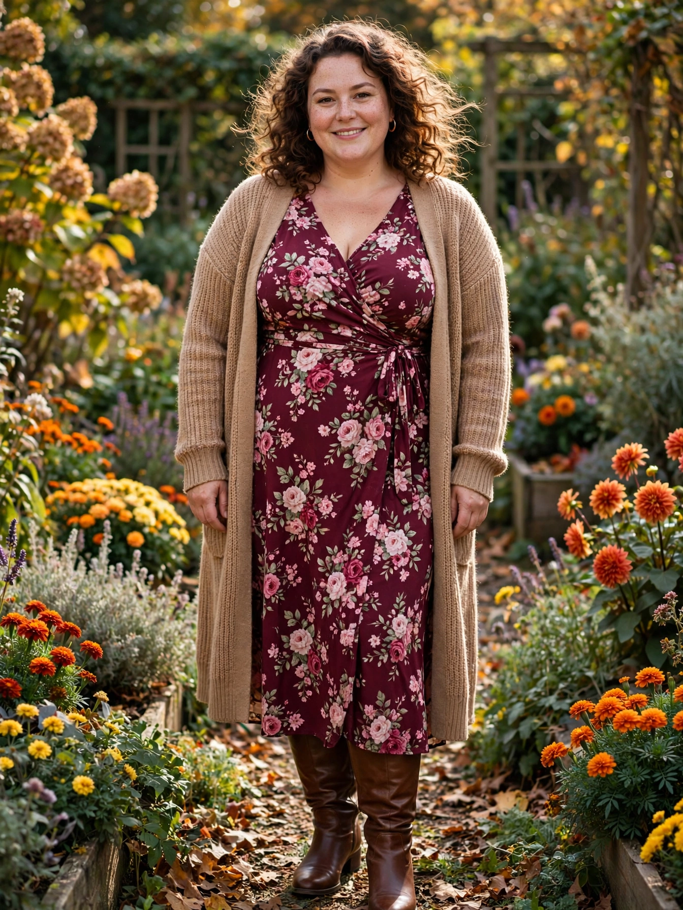 Plus-size woman in a floral midi dress with a long camel cardigan and brown knee-high boots in a garden