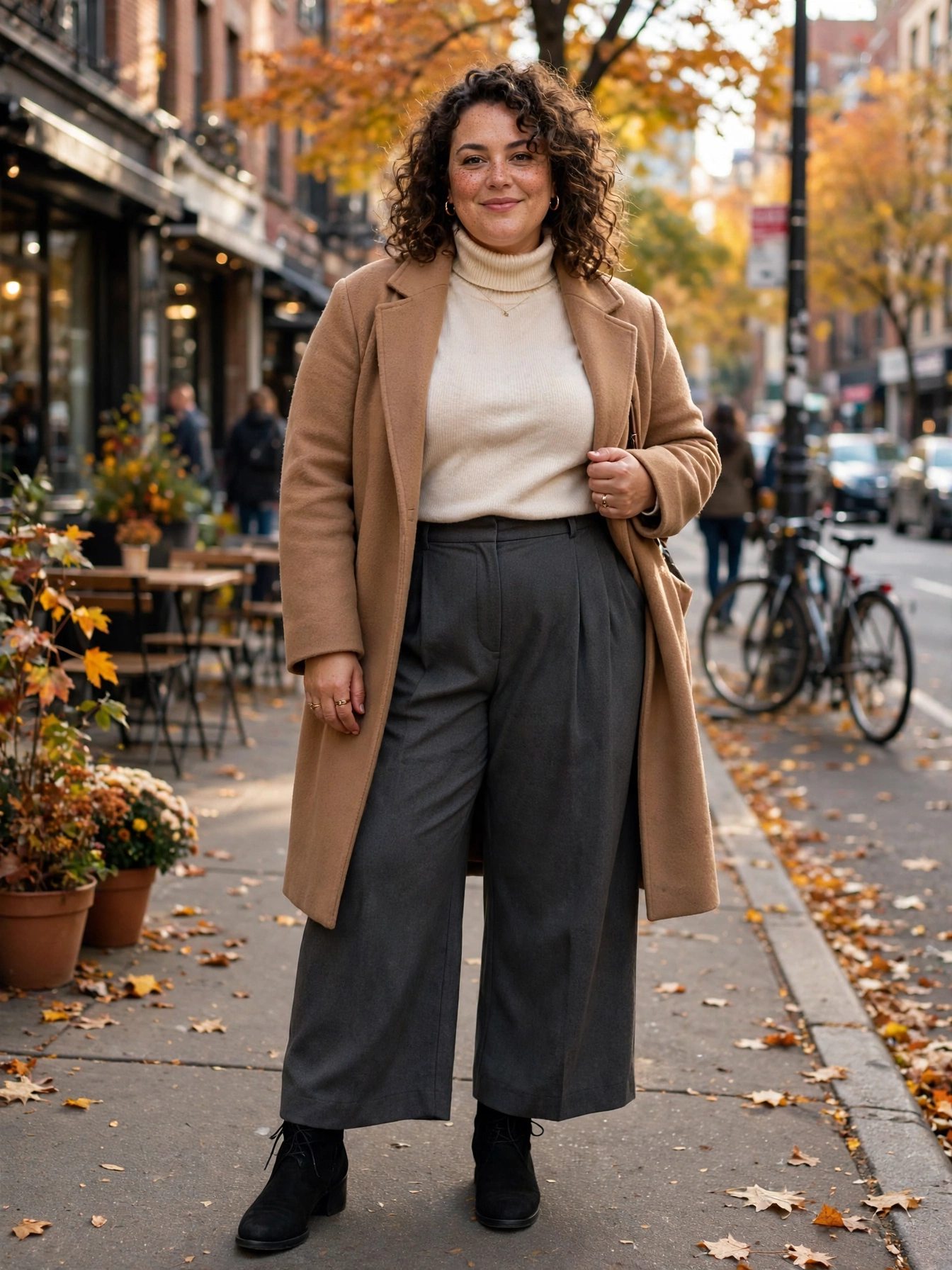 Plus-size woman wearing a camel wool coat over a cream turtleneck with wide-leg trousers on a city street