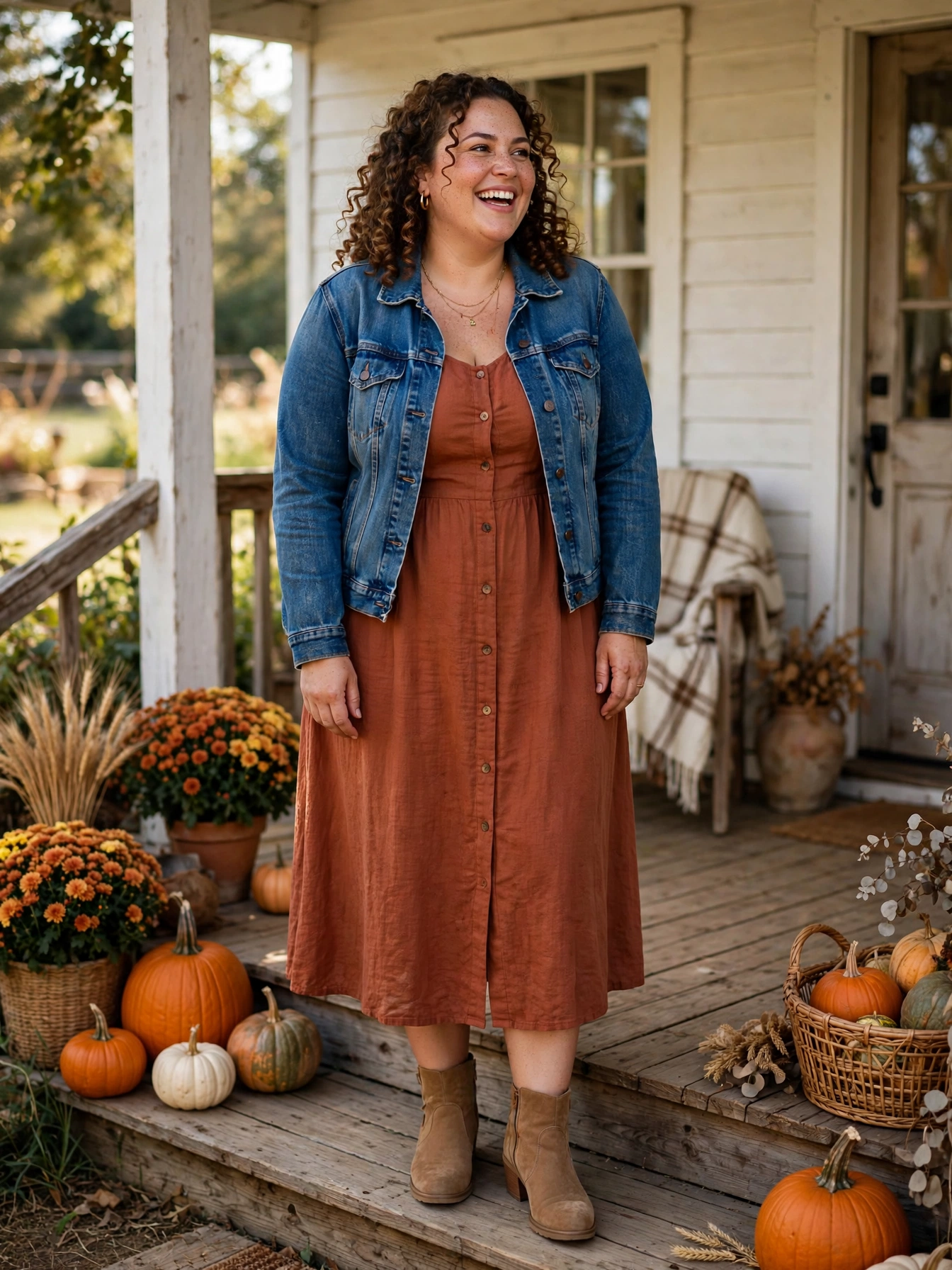 Plus-size woman in a rust midi dress with a classic denim jacket and tan suede booties on a porch with pumpkins