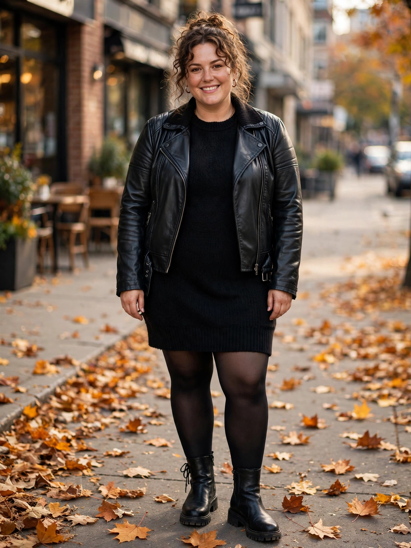 Plus-size woman in a black sweater dress with a faux-leather moto jacket and ankle boots on an urban sidewalk