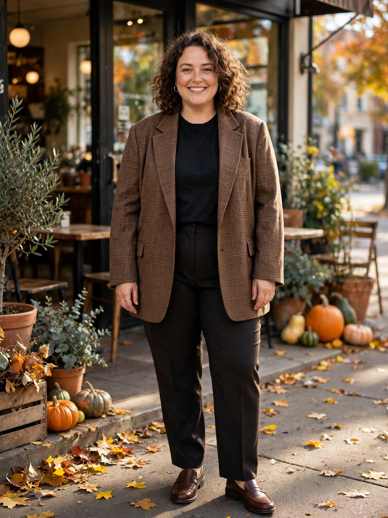 Plus-size woman wearing an oversized plaid blazer with a black tee and dark trousers outside a cafe