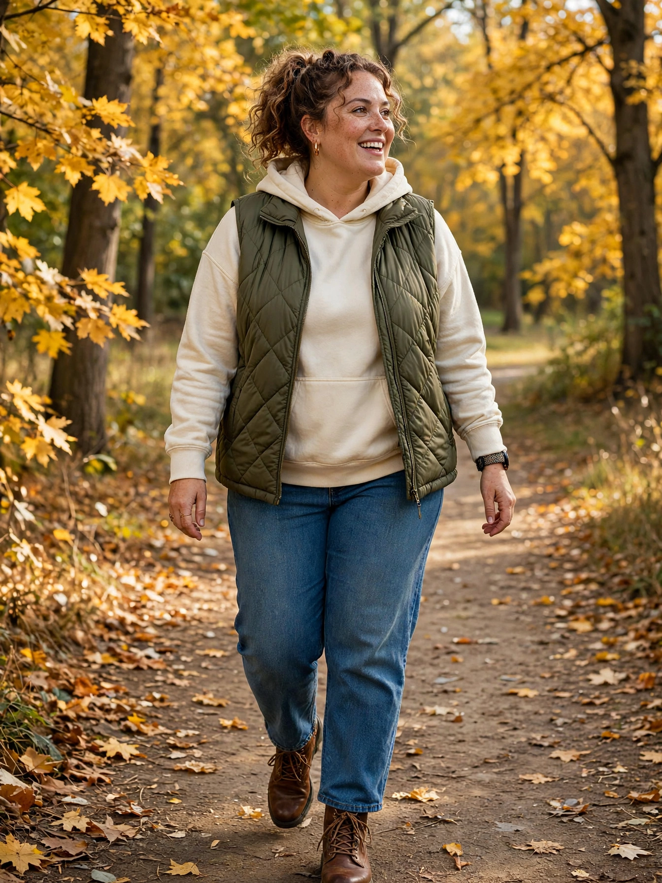 Plus-size woman in a quilted olive puffer vest over a hoodie with jeans and lace-up boots on a park trail