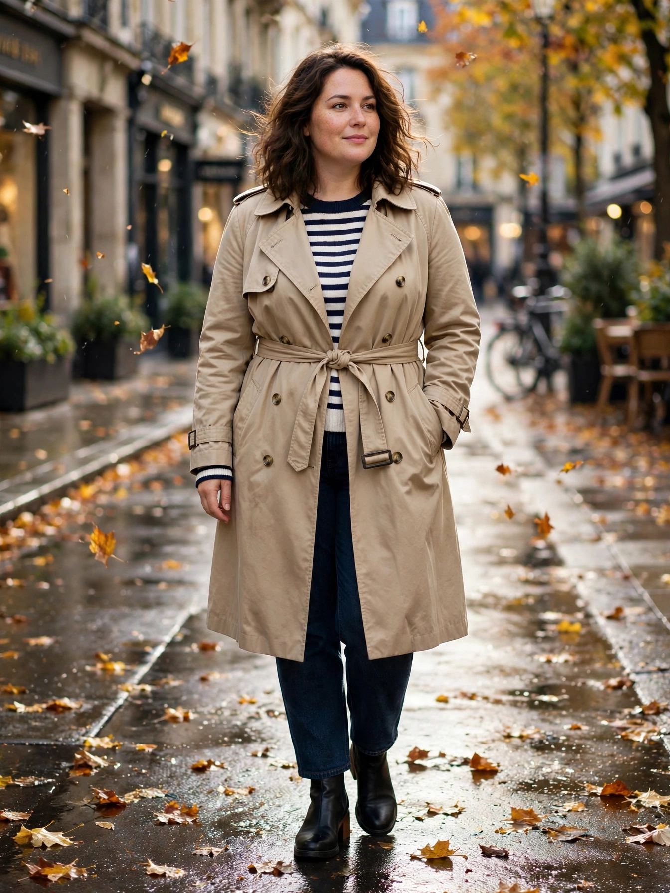 Plus-size woman in a classic beige trench coat over a Breton stripe sweater with dark jeans on a rainy street