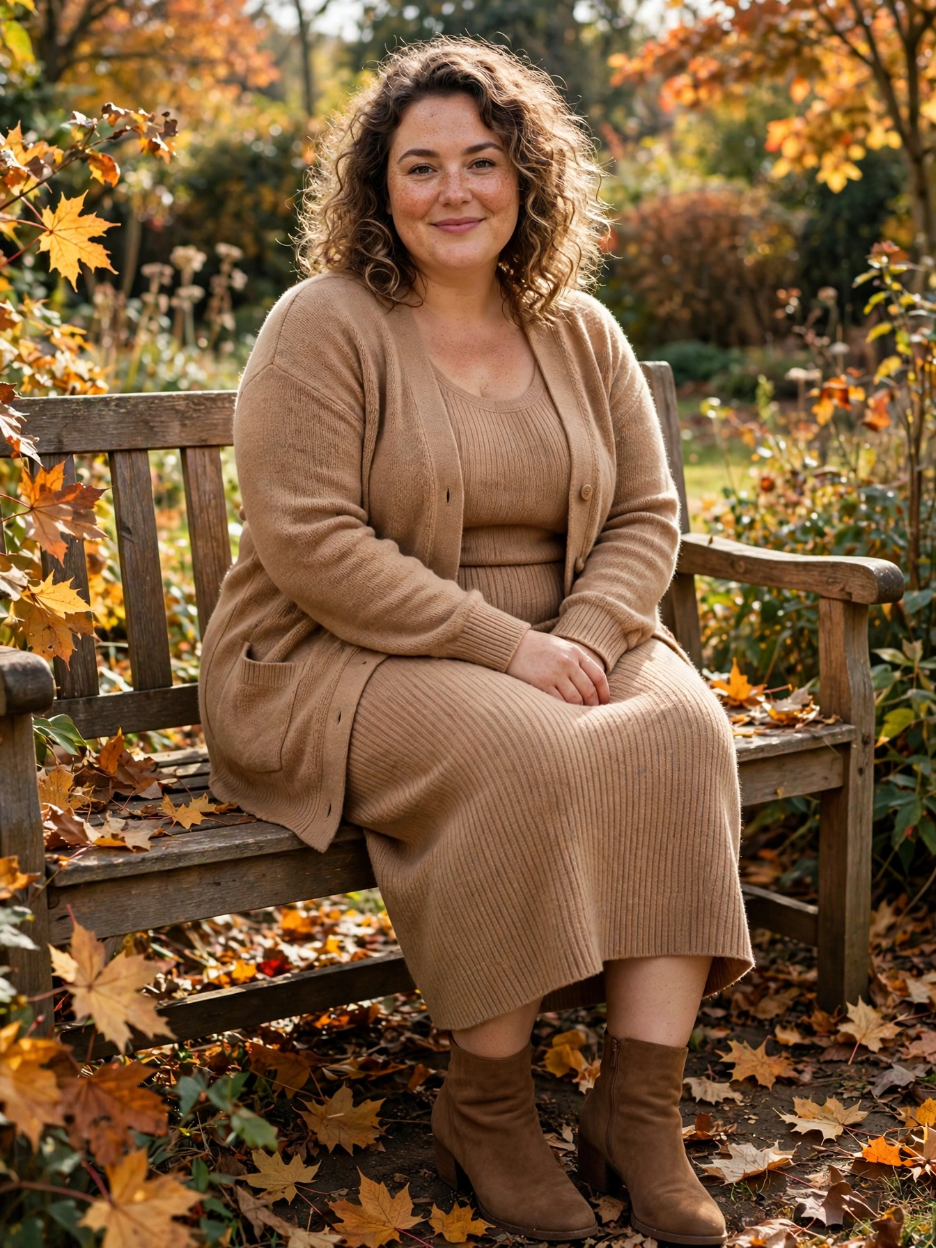 Plus-size woman wearing a matching camel knit cardigan and midi skirt set on a garden bench