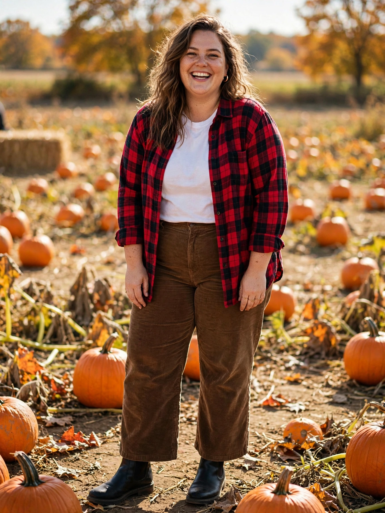 Plus-size woman in a red flannel shirt with brown corduroy pants and Chelsea boots at a pumpkin patch
