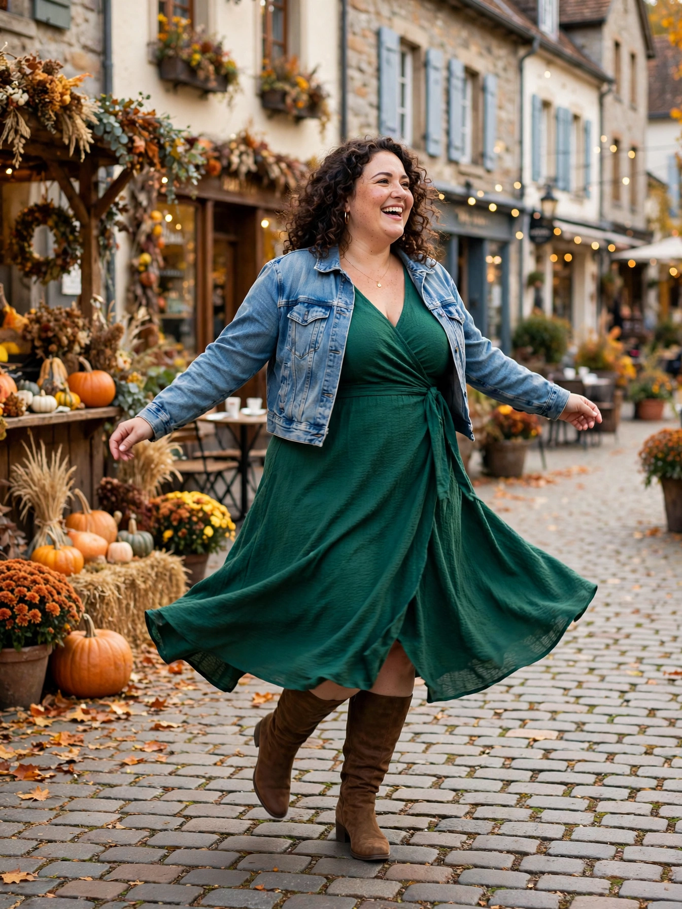 Plus-size woman in a wrap midi dress with a cropped denim jacket and knee-high boots in a town square