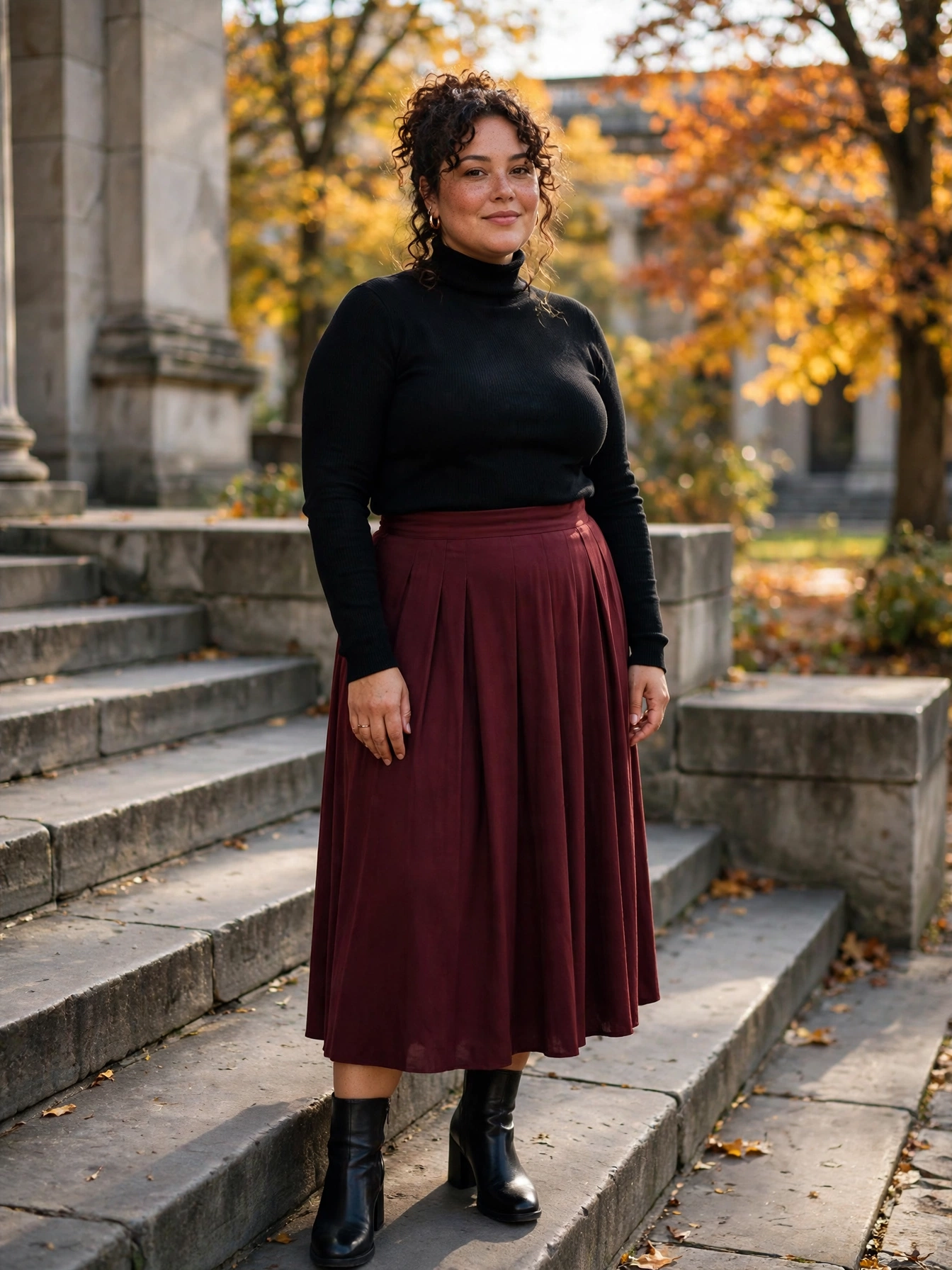 Plus-size woman wearing a black turtleneck with a pleated burgundy midi skirt and ankle boots on museum steps