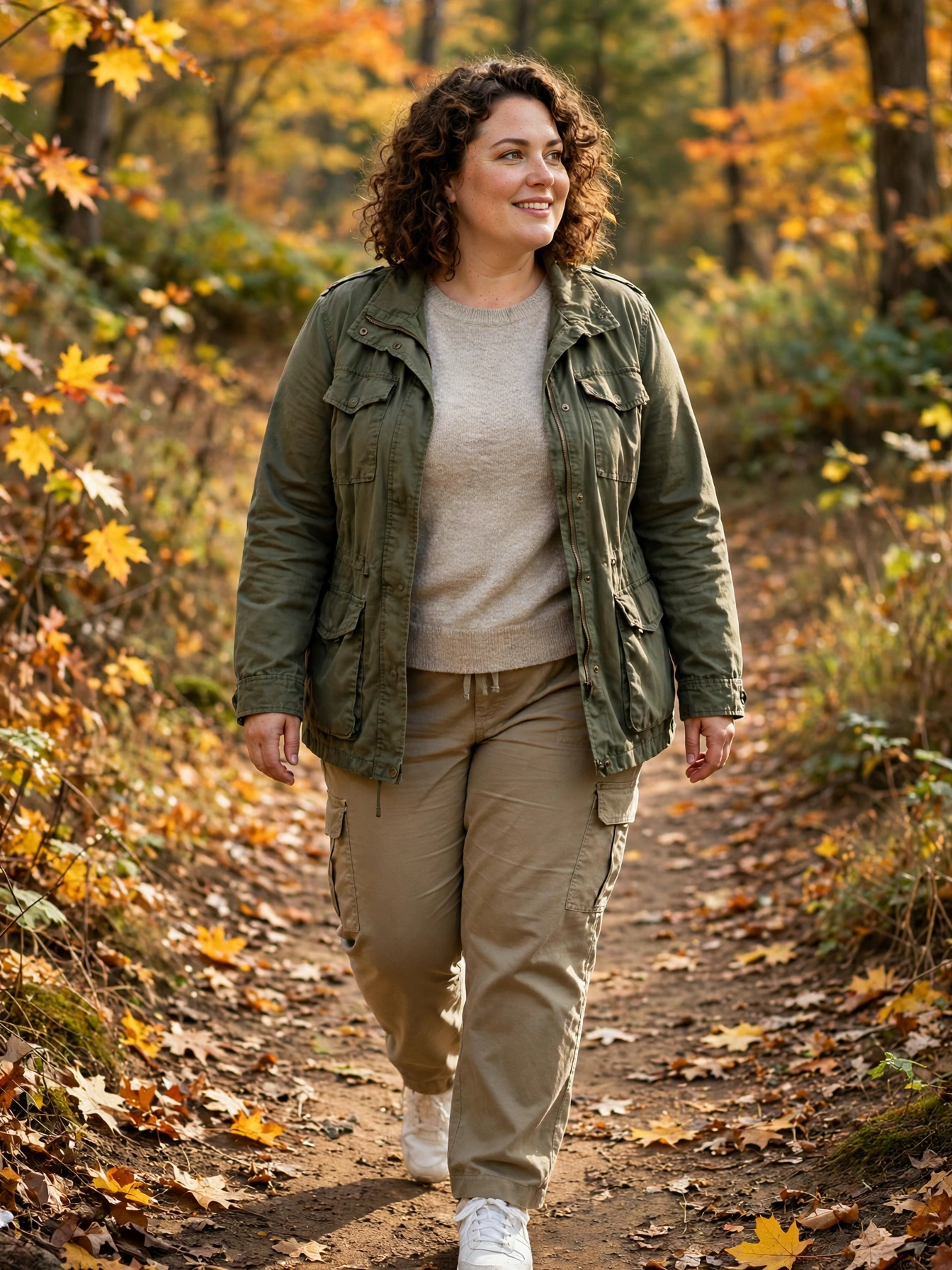 Plus-size woman in an olive utility jacket over an oatmeal sweater with cargo pants on a nature trail