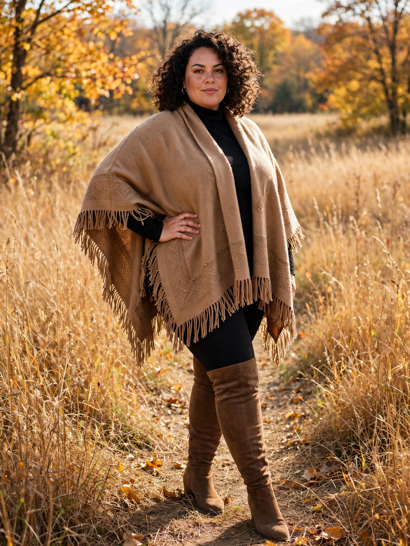 Plus-size woman wearing a fringed camel poncho over a black turtleneck with leggings and over-knee boots in an autumn field