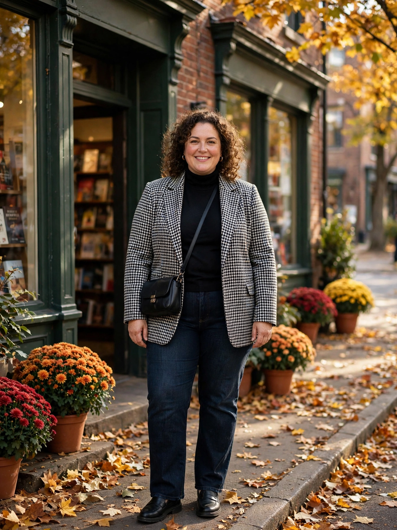 Plus-size woman in a houndstooth blazer with a black turtleneck and dark jeans outside a bookstore